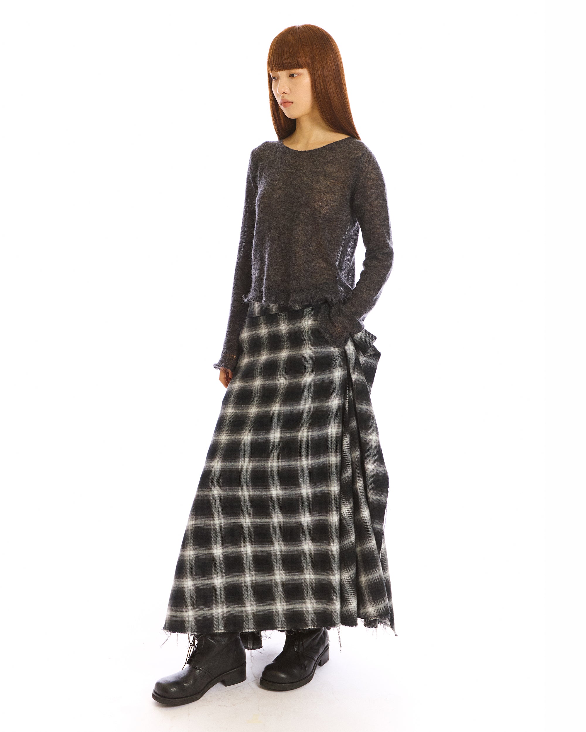 NEVERSEEZ Asymmetric Plaid Raw-Edge Maxi Skirt