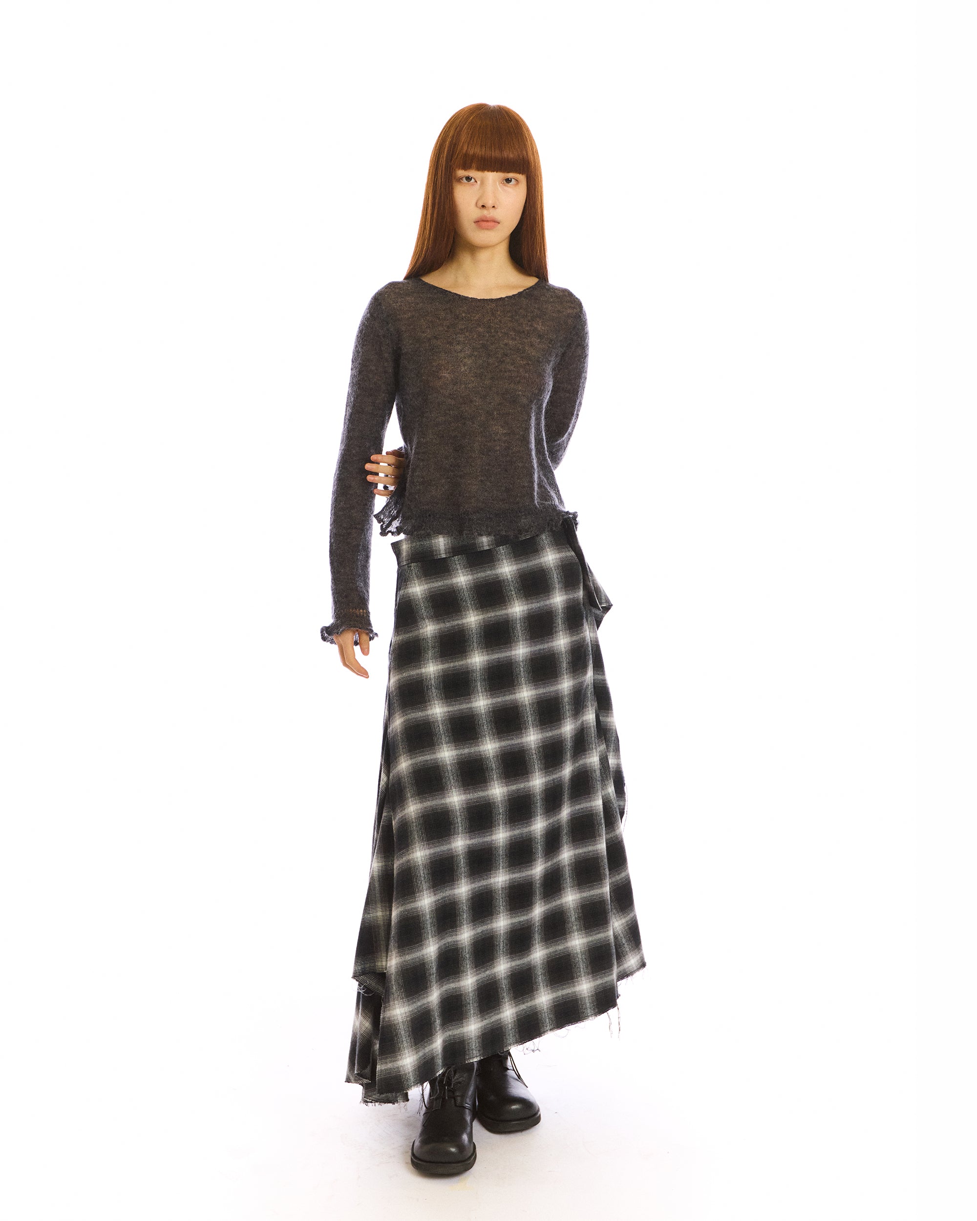 NEVERSEEZ Asymmetric Plaid Raw-Edge Maxi Skirt