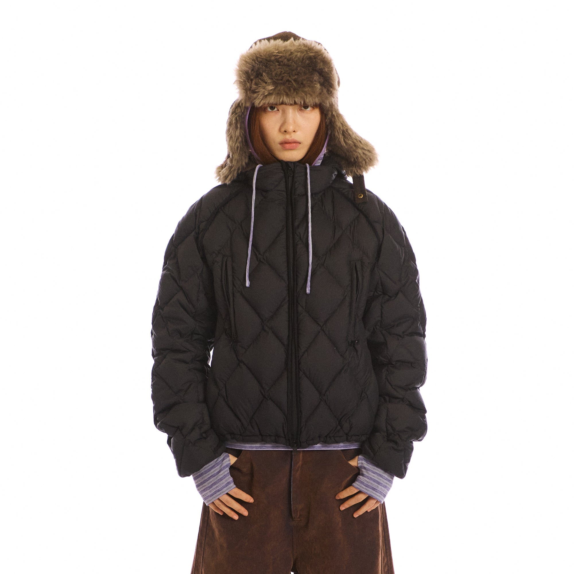 NEVERSEEZ Argyle-Quilted Detachable Hood Duck Down Jacket