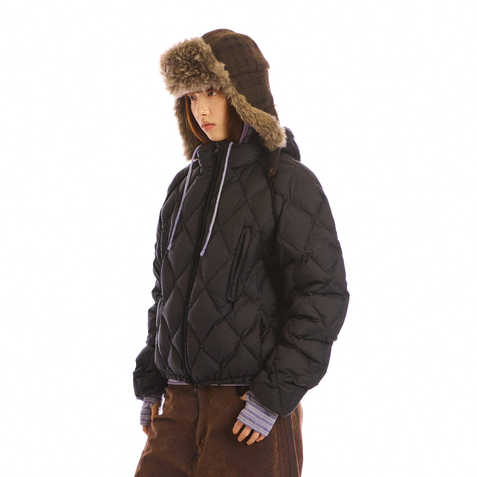 NEVERSEEZ Argyle-Quilted Detachable Hood Duck Down Jacket