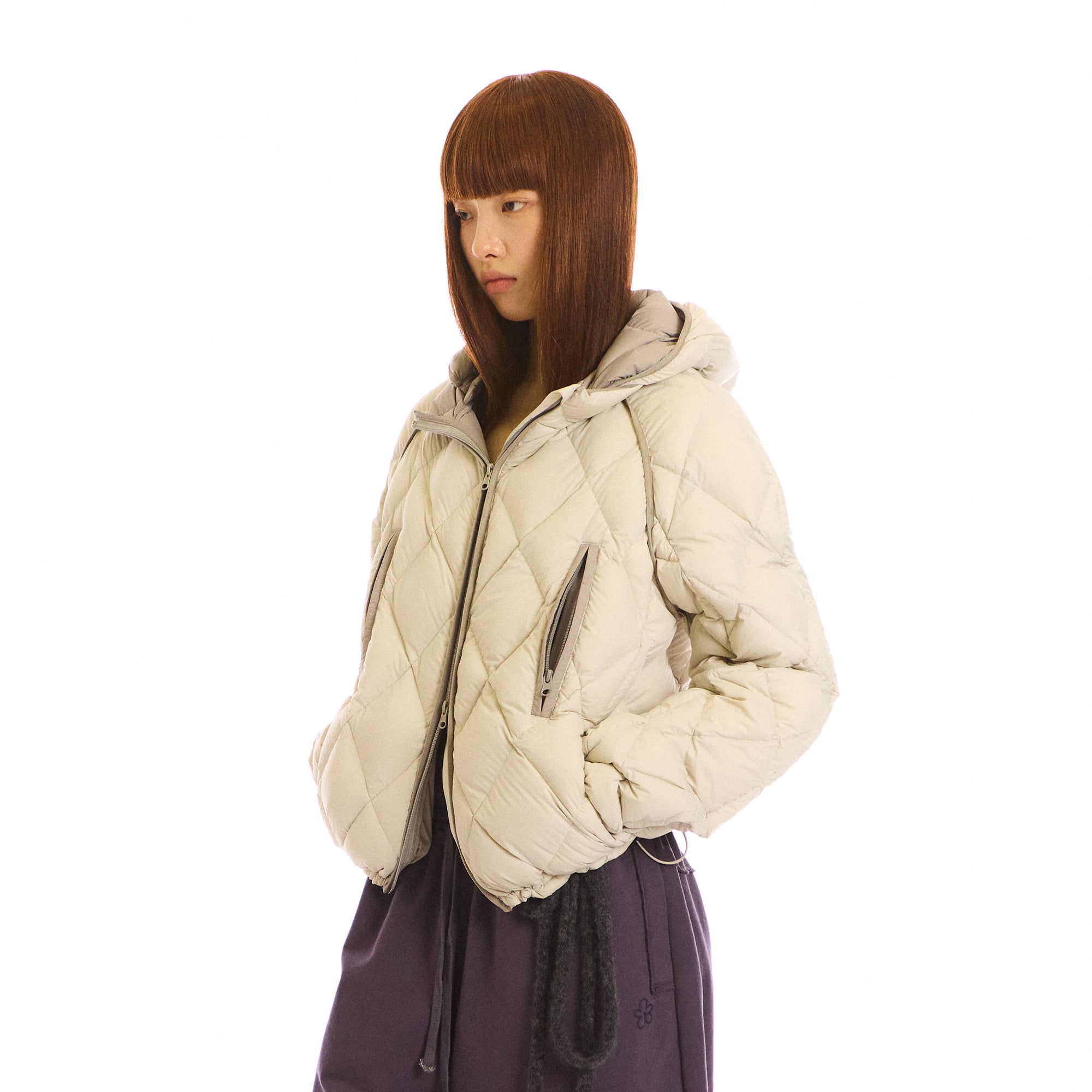 NEVERSEEZ Argyle-Quilted Detachable Hood Duck Down Jacket