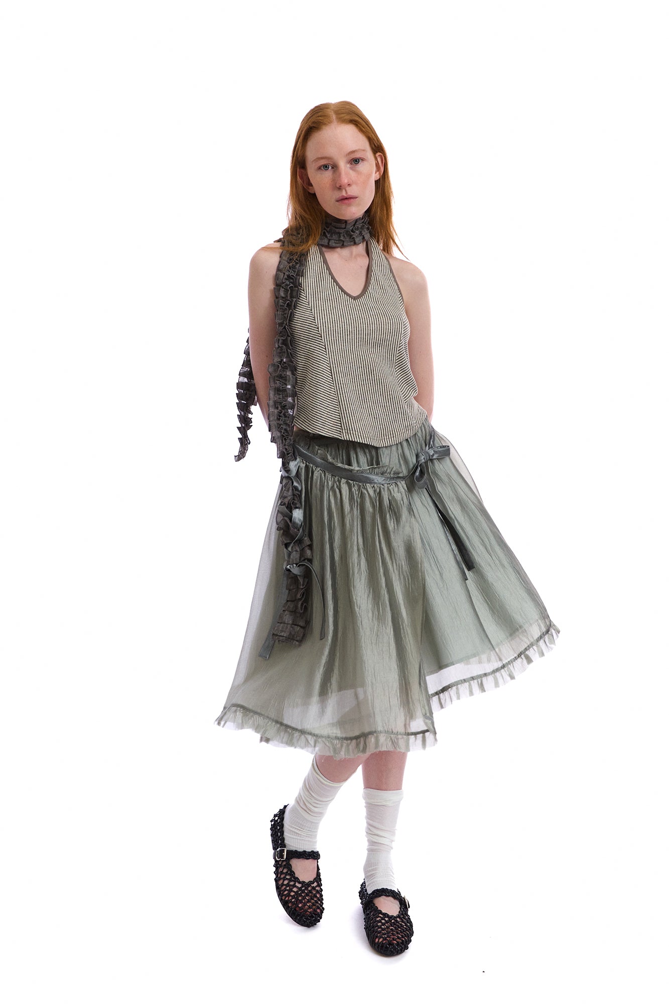 NEVERSEEZ Layered Sheer Ruffled Tie-Waist Skirt