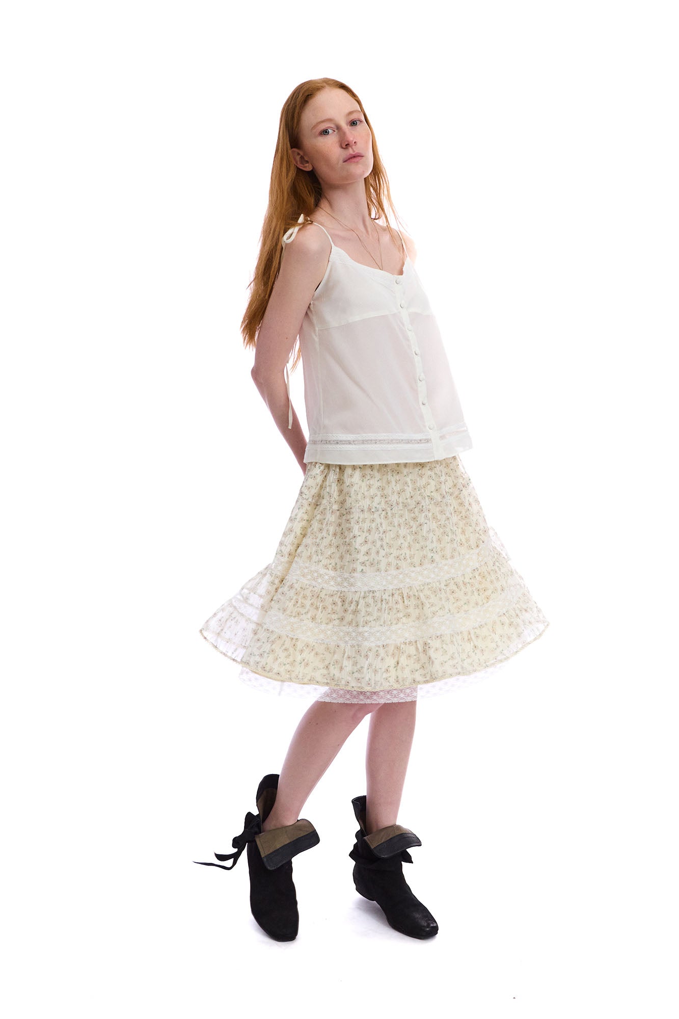NEVERSEEZ Floral Lace-Trim Tiered Midi Skirt