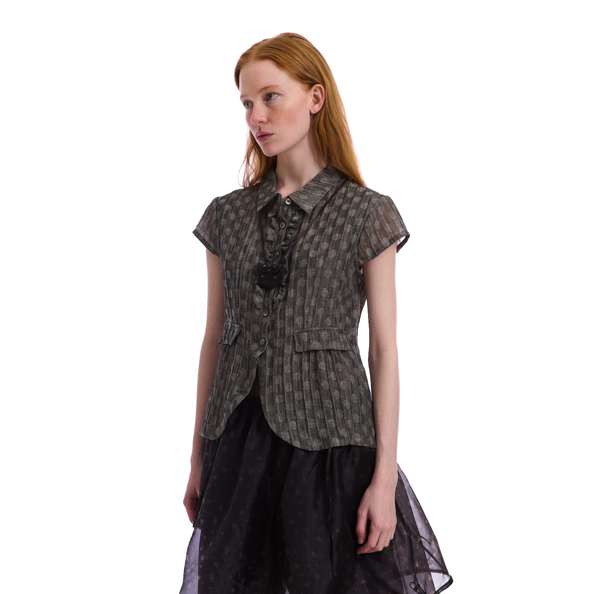 NEVERSEEZ Sheer Pleated-Stripe Ruffle-Placket Half Shirt