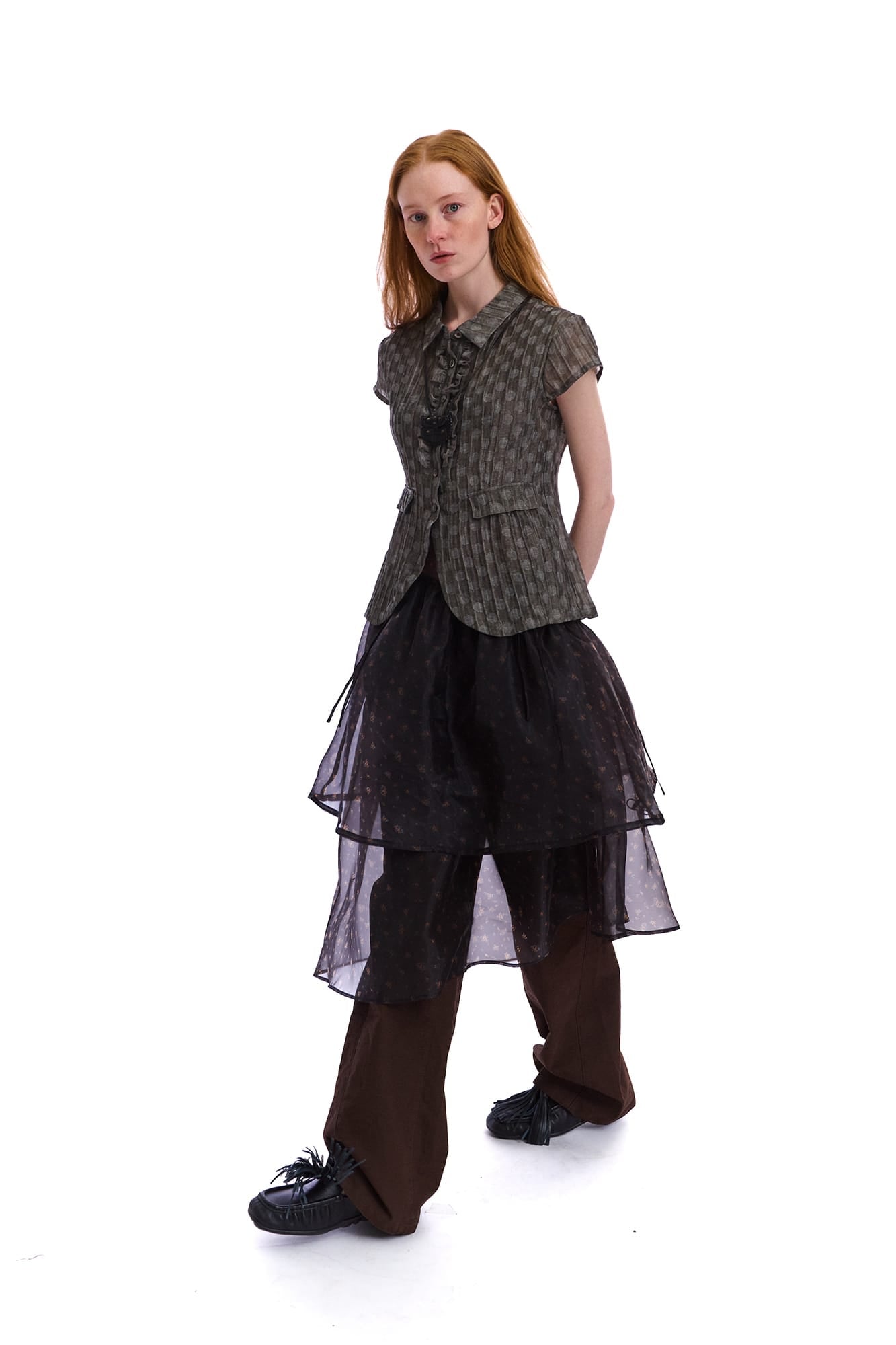 NEVERSEEZ Sheer Pleated-Stripe Ruffle-Placket Half Shirt