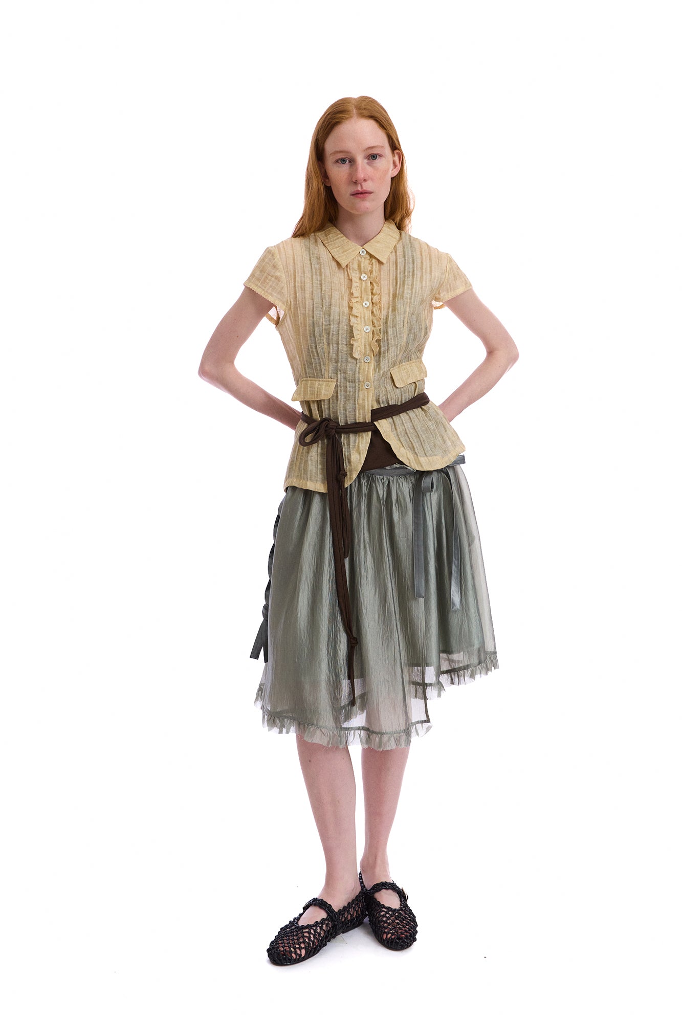 NEVERSEEZ Layered Sheer Ruffled Tie-Waist Skirt