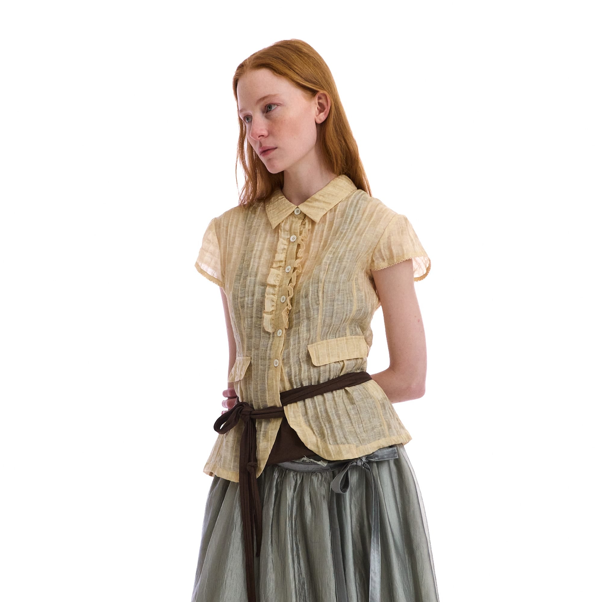 NEVERSEEZ Sheer Pleated-Stripe Ruffle-Placket Half Shirt
