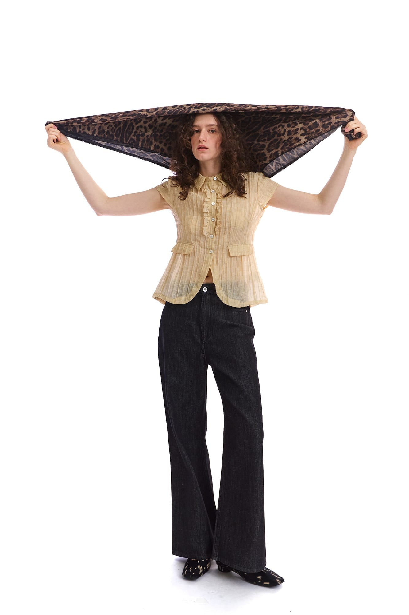 NEVERSEEZ Sheer Pleated-Stripe Ruffle-Placket Half Shirt
