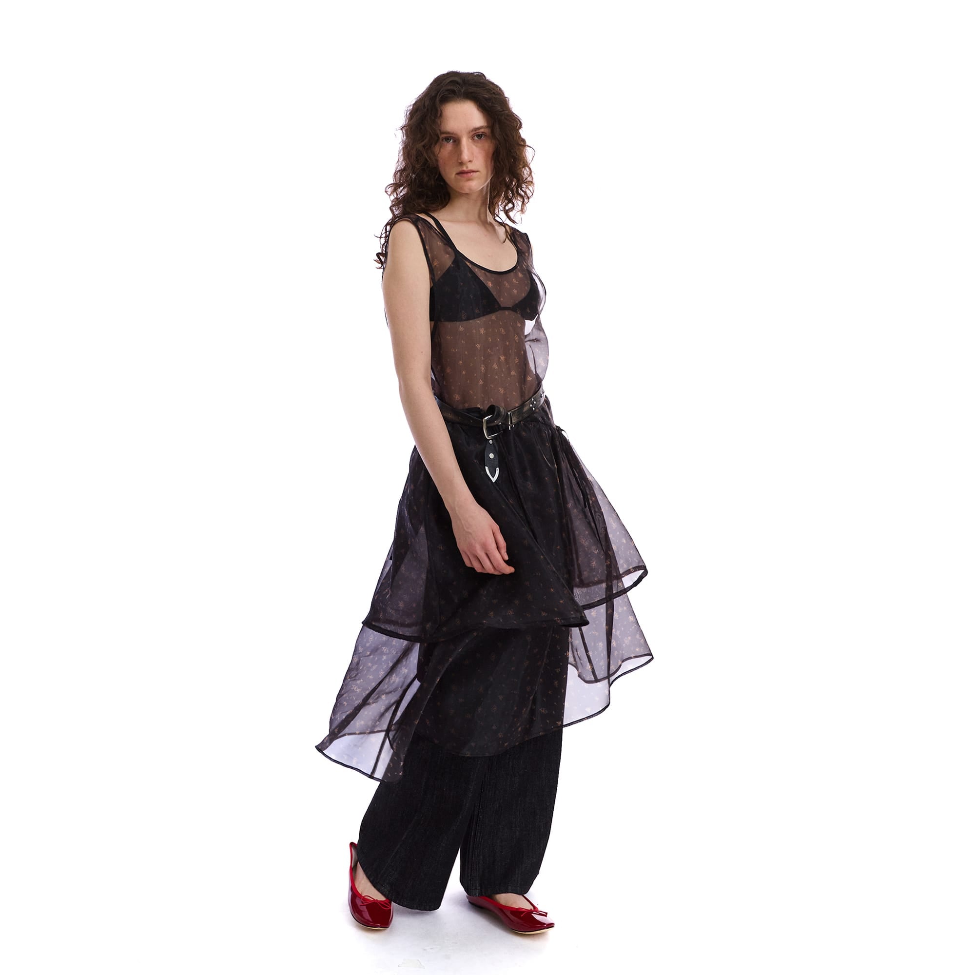 NEVERSEEZ Sheer Ditsy-Print Tiered Overlay Dress
