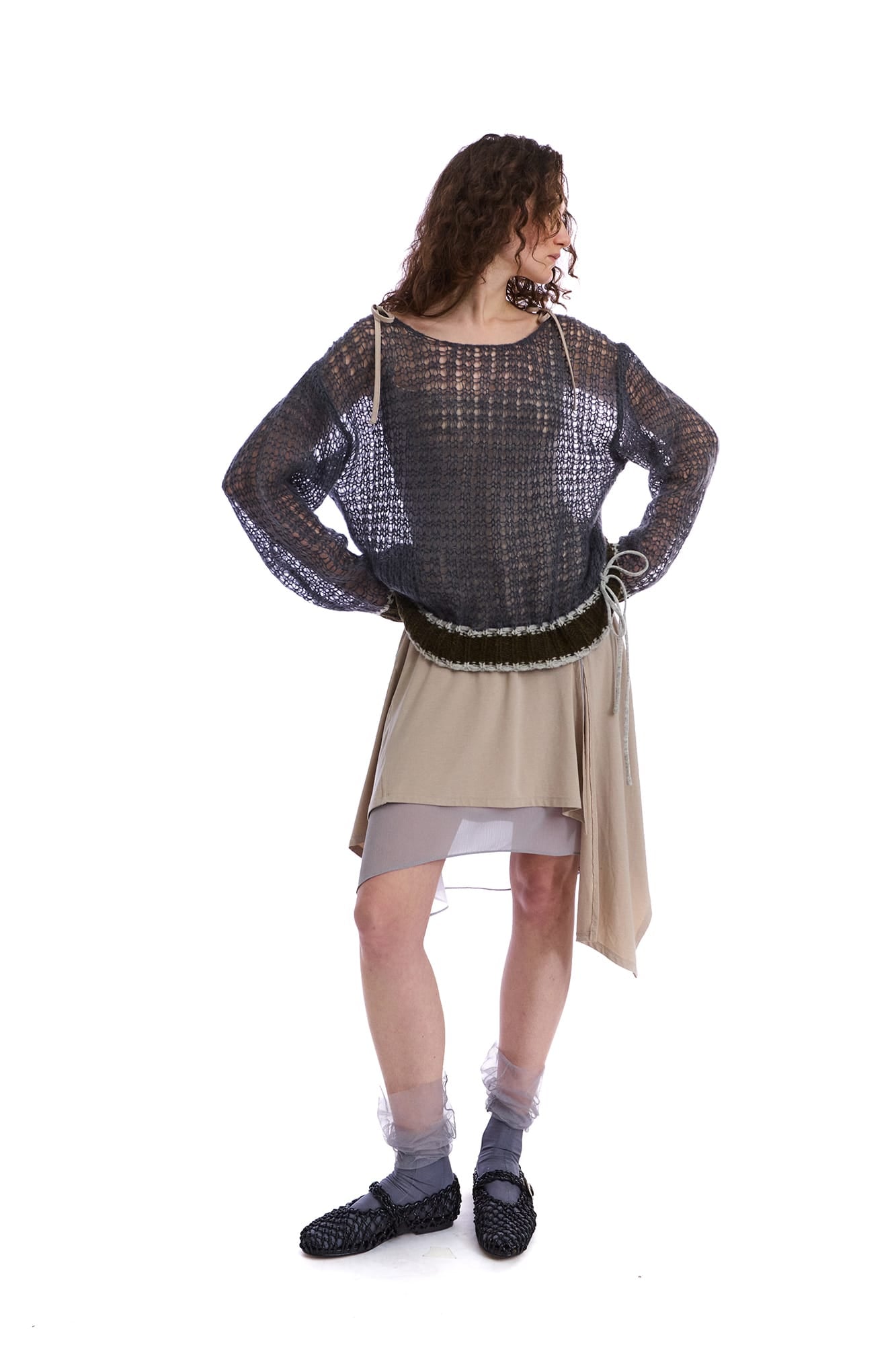 NEVERSEEZ Open-Knit Drawstring-Hem Rib-Trim Sweater