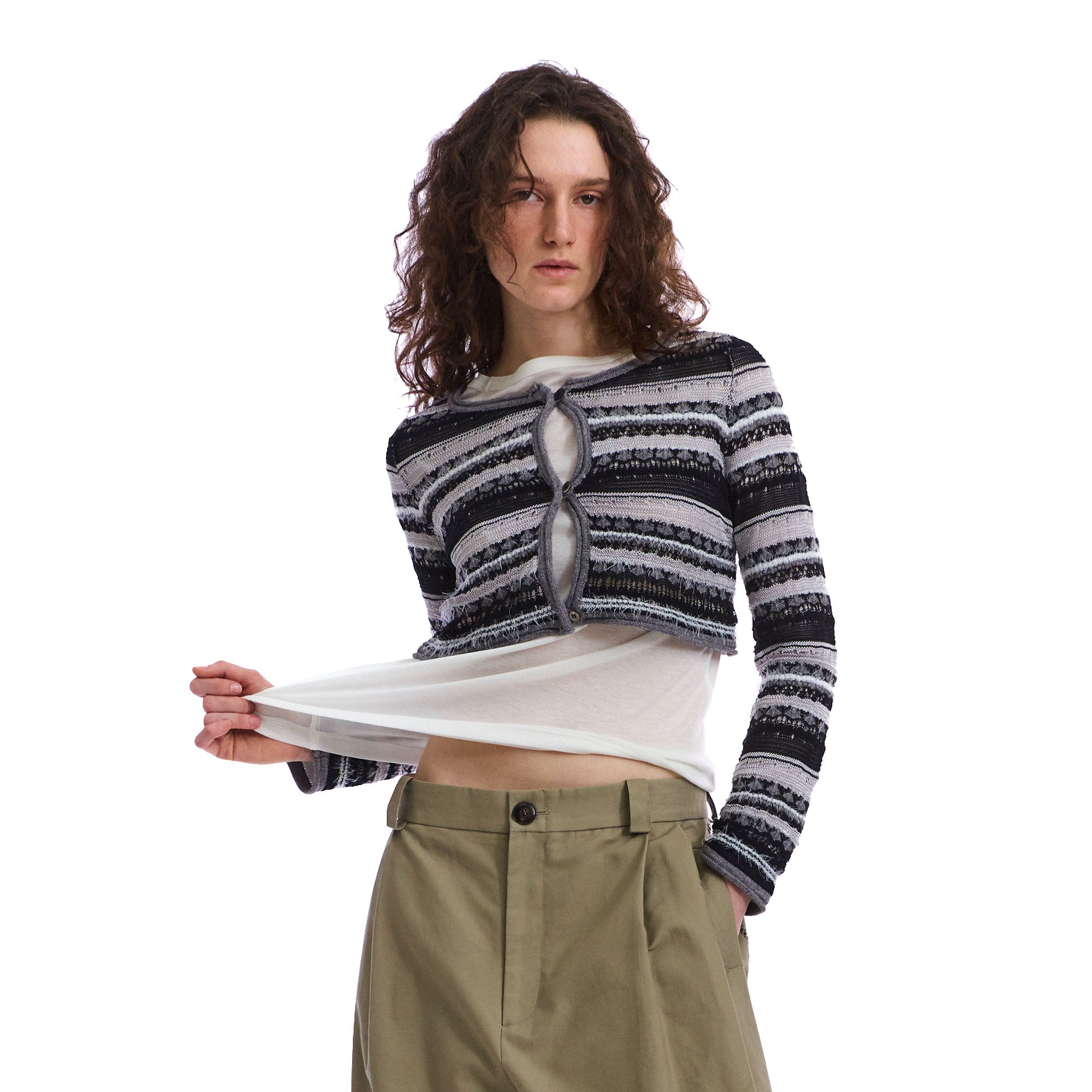 NEVERSEEZ Raw-Hem Stripe Cropped Cardigan