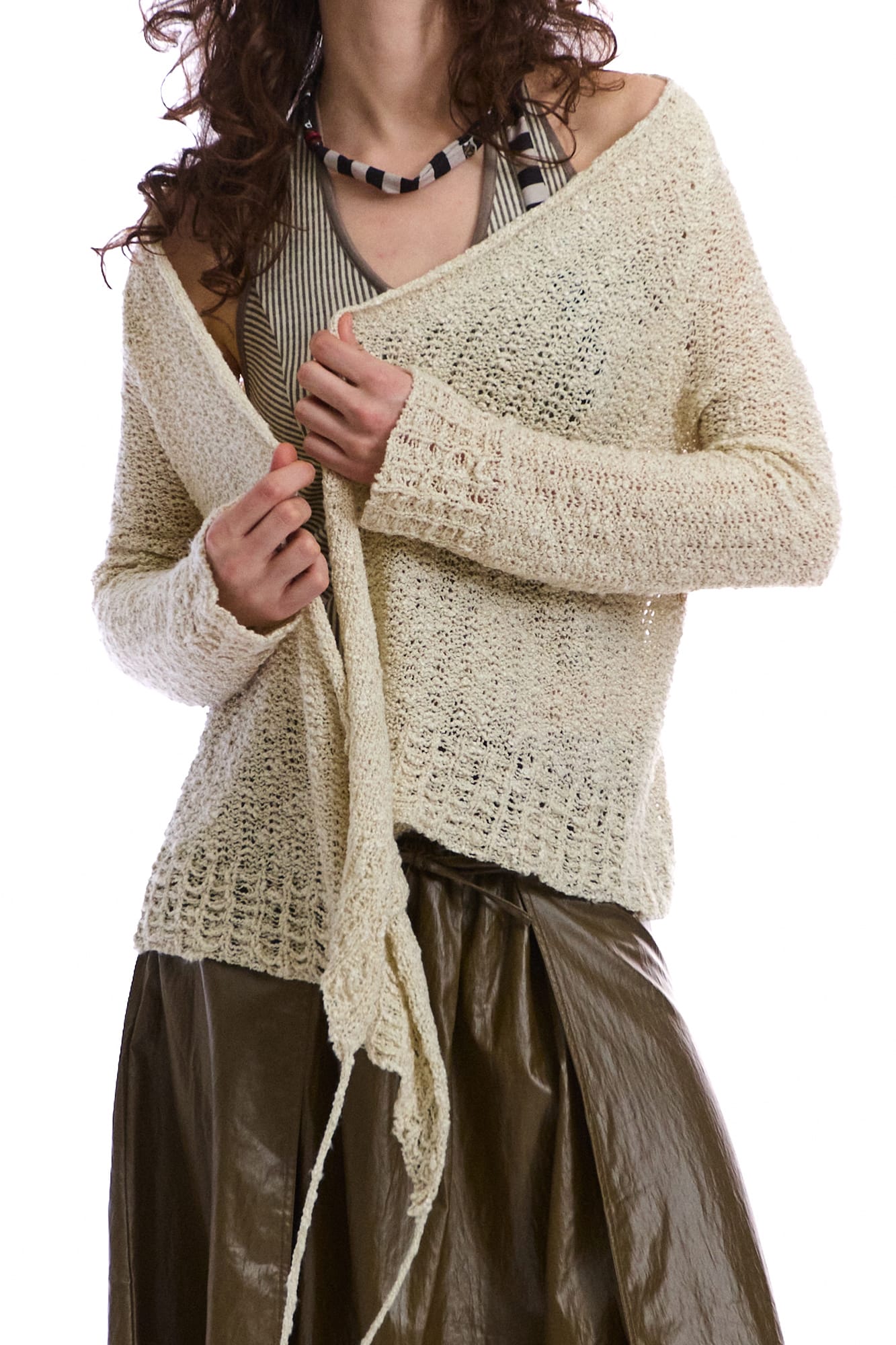 NEVERSEEZ Open-Knit Draped Wrap Cardigan