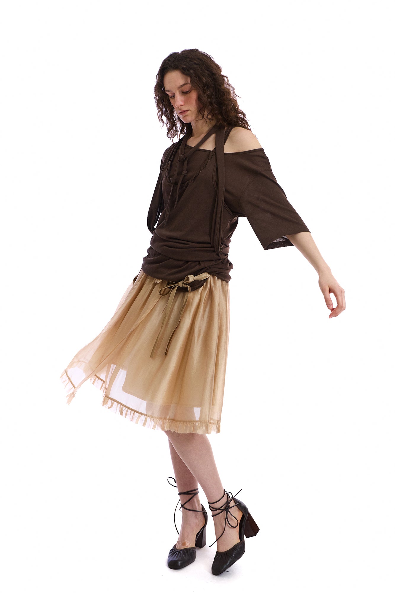 NEVERSEEZ Layered Sheer Ruffled Tie-Waist Skirt
