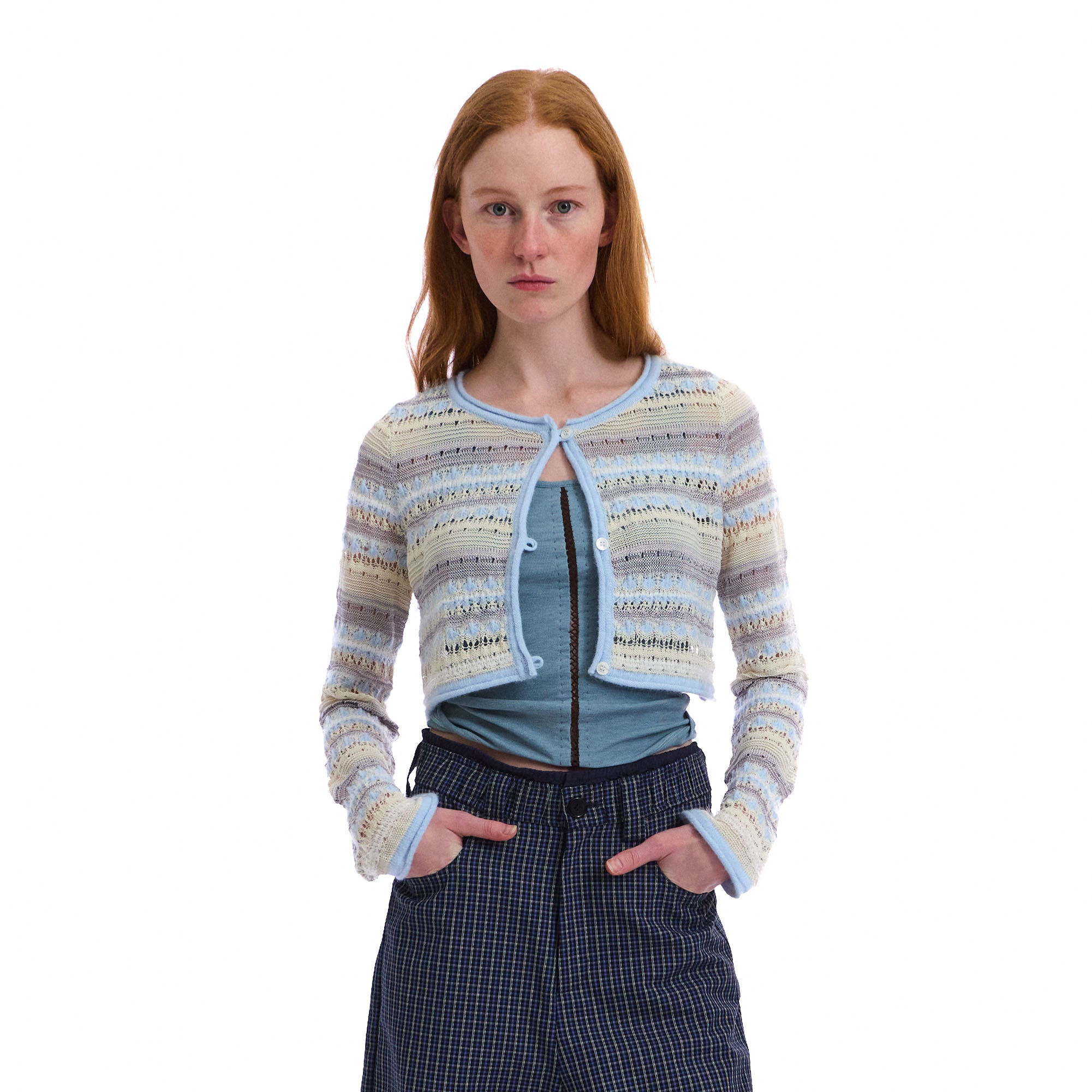 NEVERSEEZ Raw-Hem Stripe Cropped Cardigan