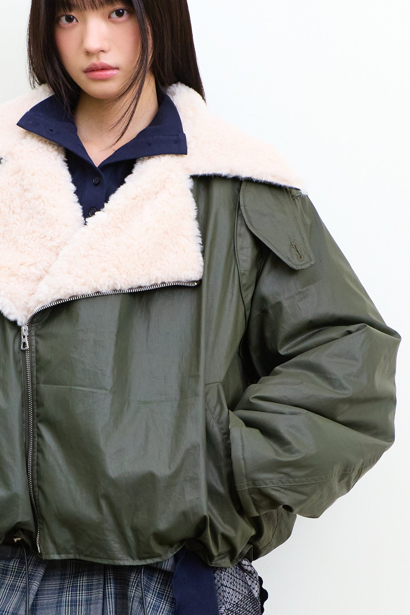 NEVERSEEZ Asymmetric Zip Shearling Bomber Jacket
