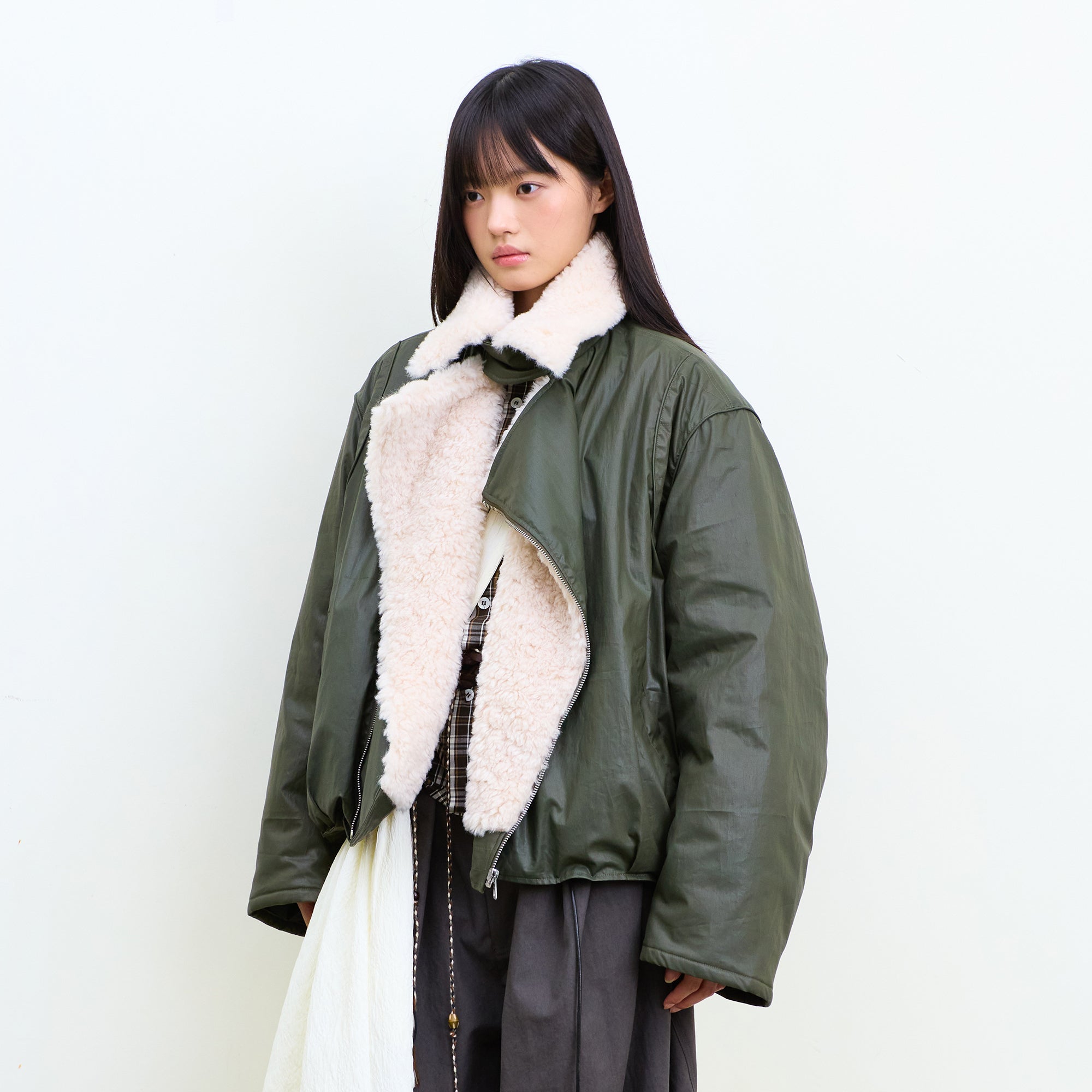 NEVERSEEZ Asymmetric Zip Shearling Bomber Jacket