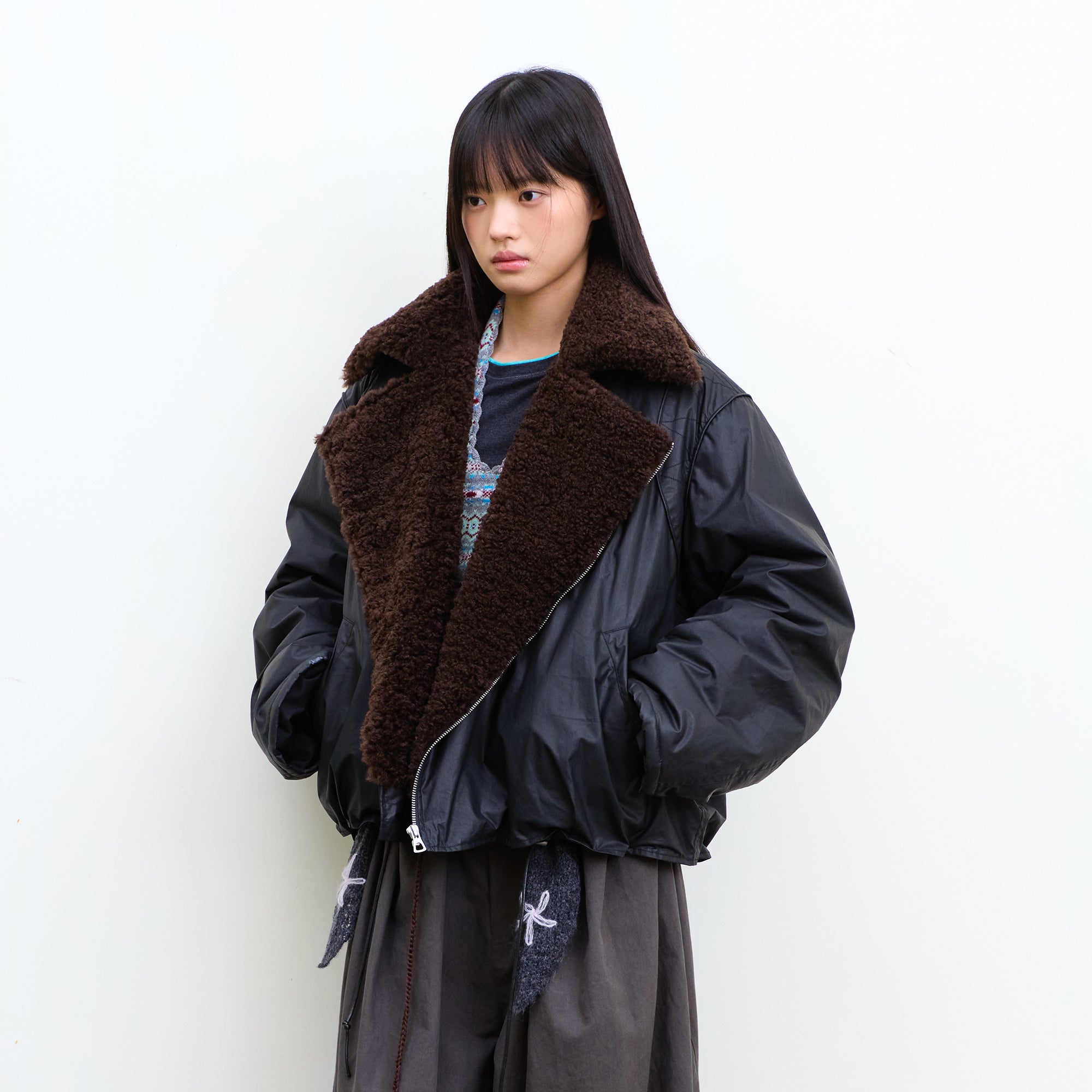 NEVERSEEZ Asymmetric Zip Shearling Bomber Jacket
