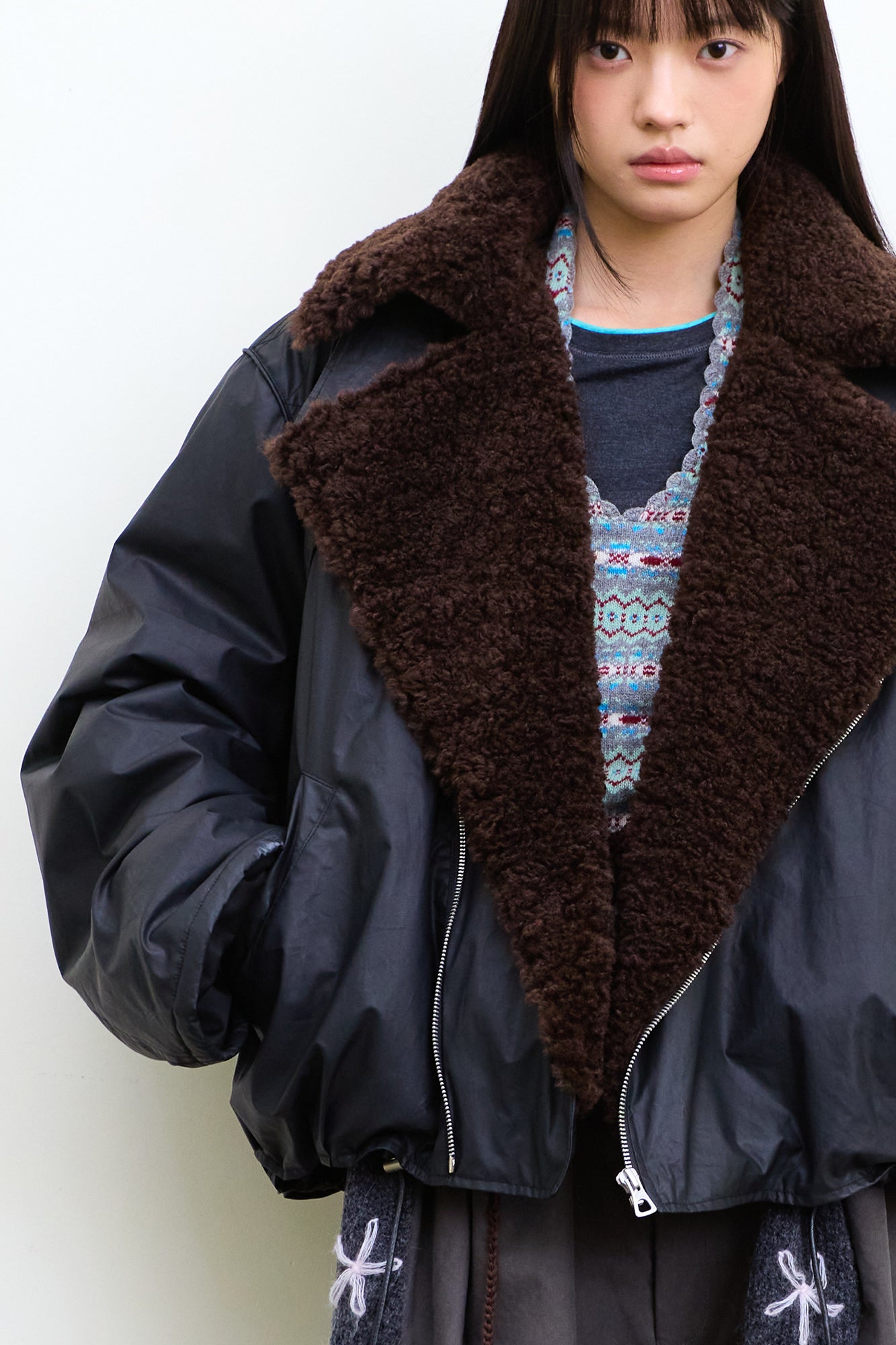 NEVERSEEZ Asymmetric Zip Shearling Bomber Jacket