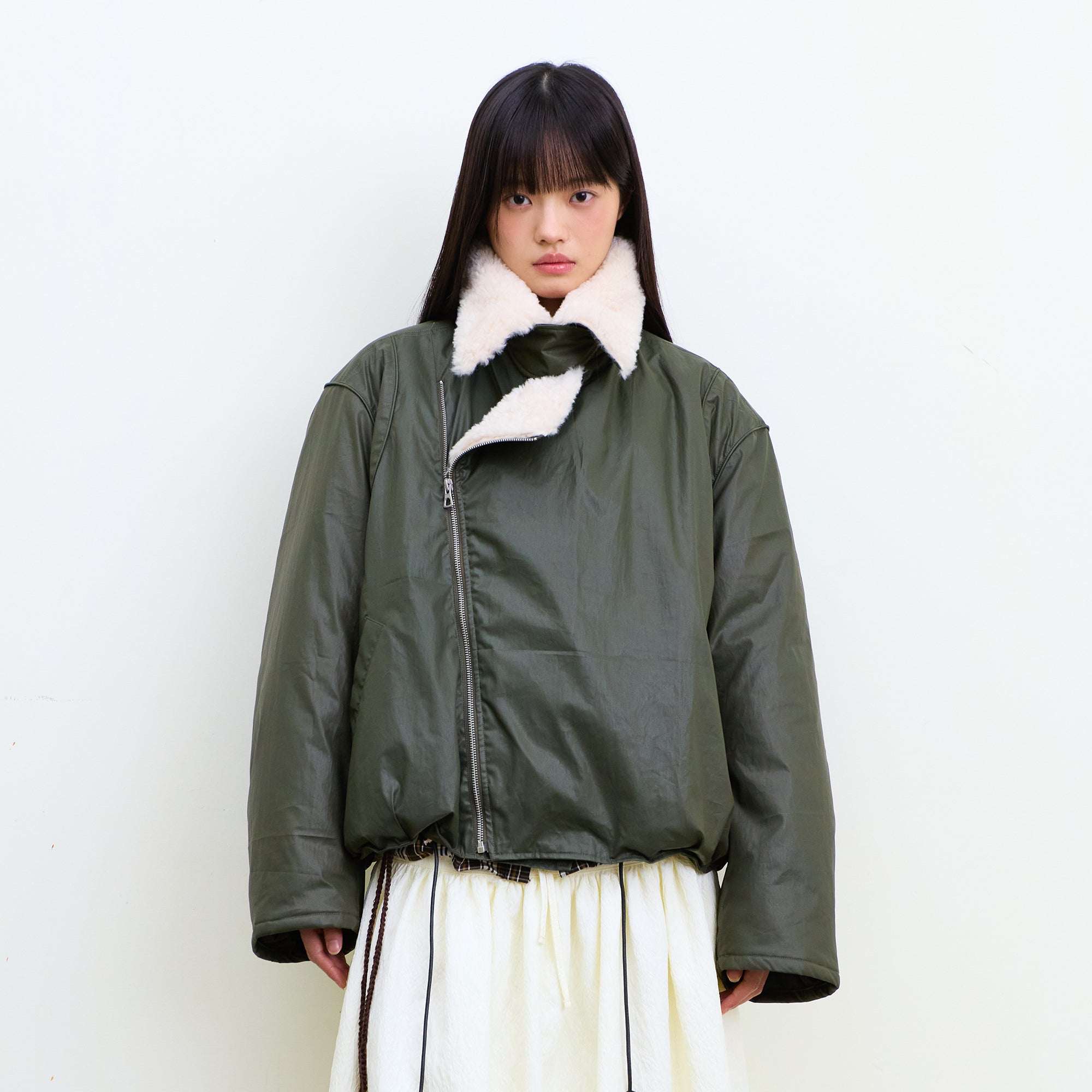 NEVERSEEZ Asymmetric Zip Shearling Bomber Jacket