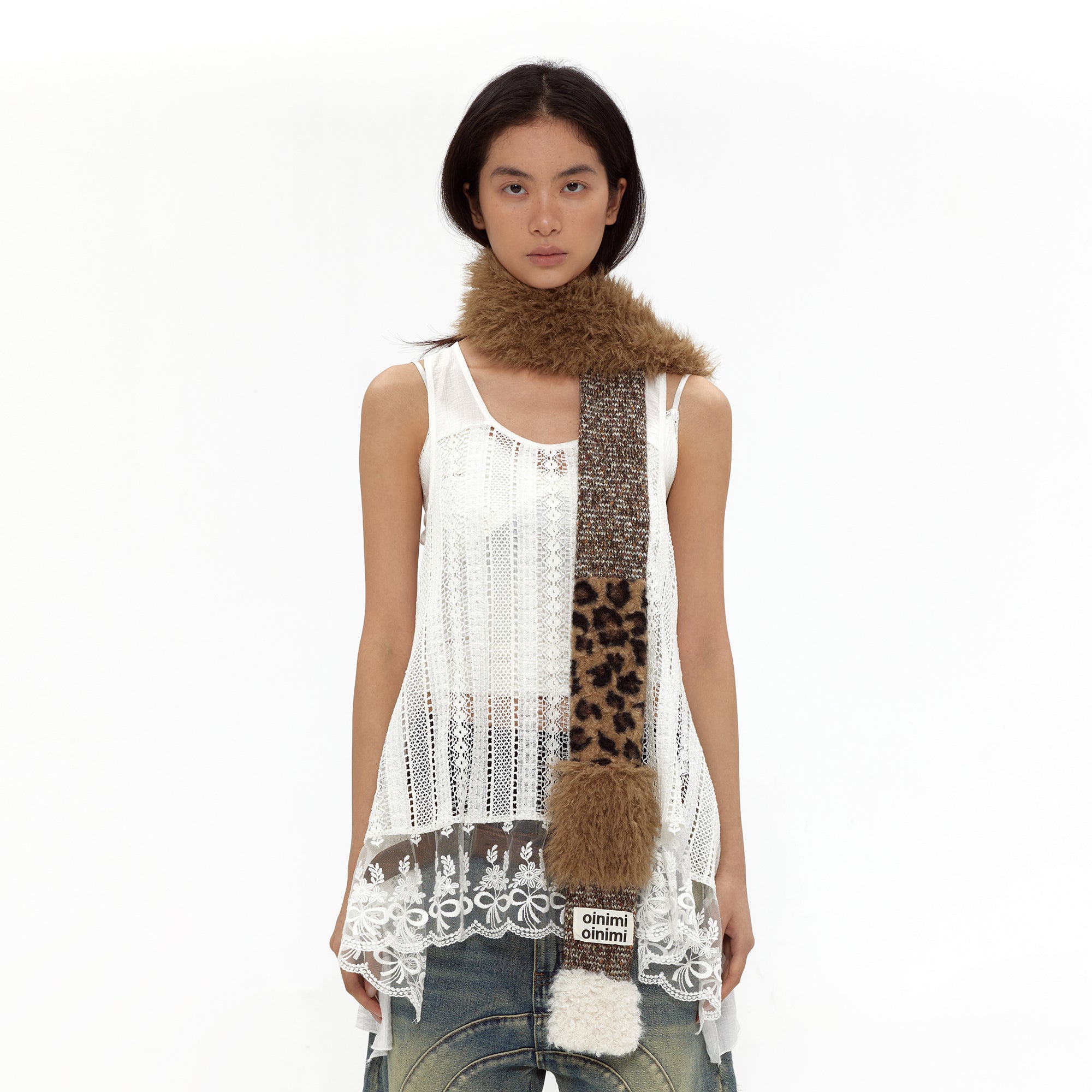 OINIMI Leopard Knit Spliced Faux Fur Scarf