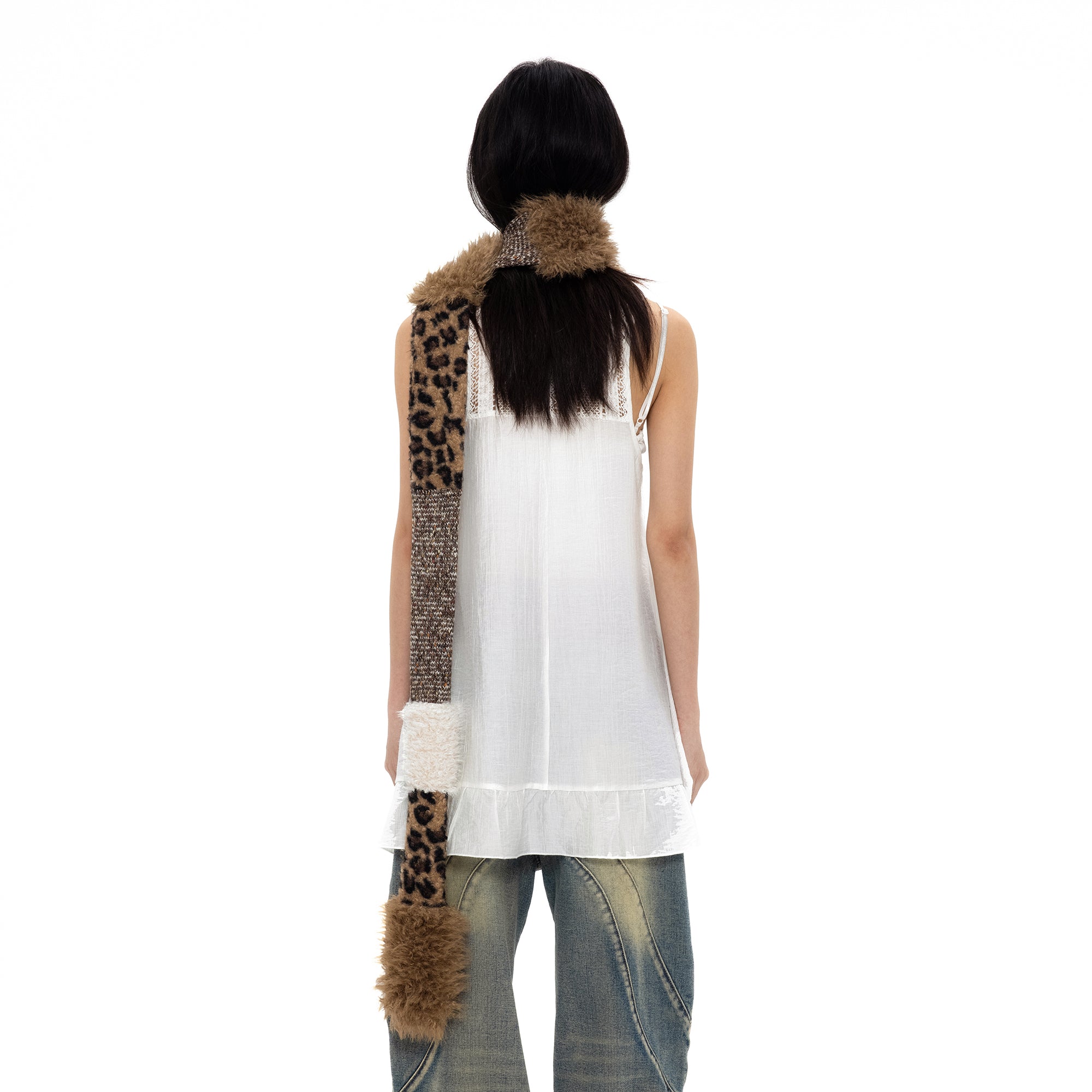 OINIMI Leopard Knit Spliced Faux Fur Scarf