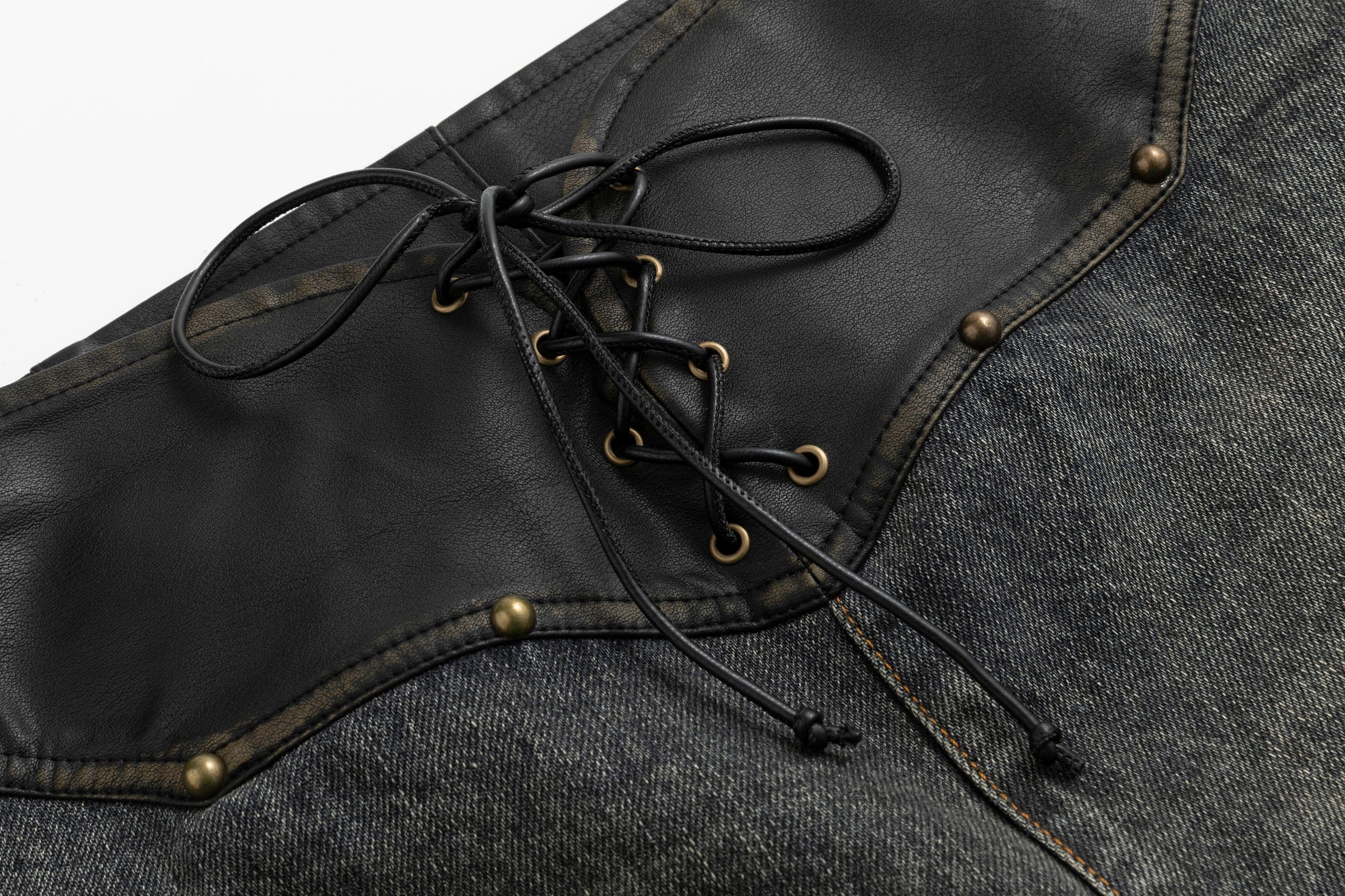 CESTNOUS Faux Leather Corset Waist Washed Jeans