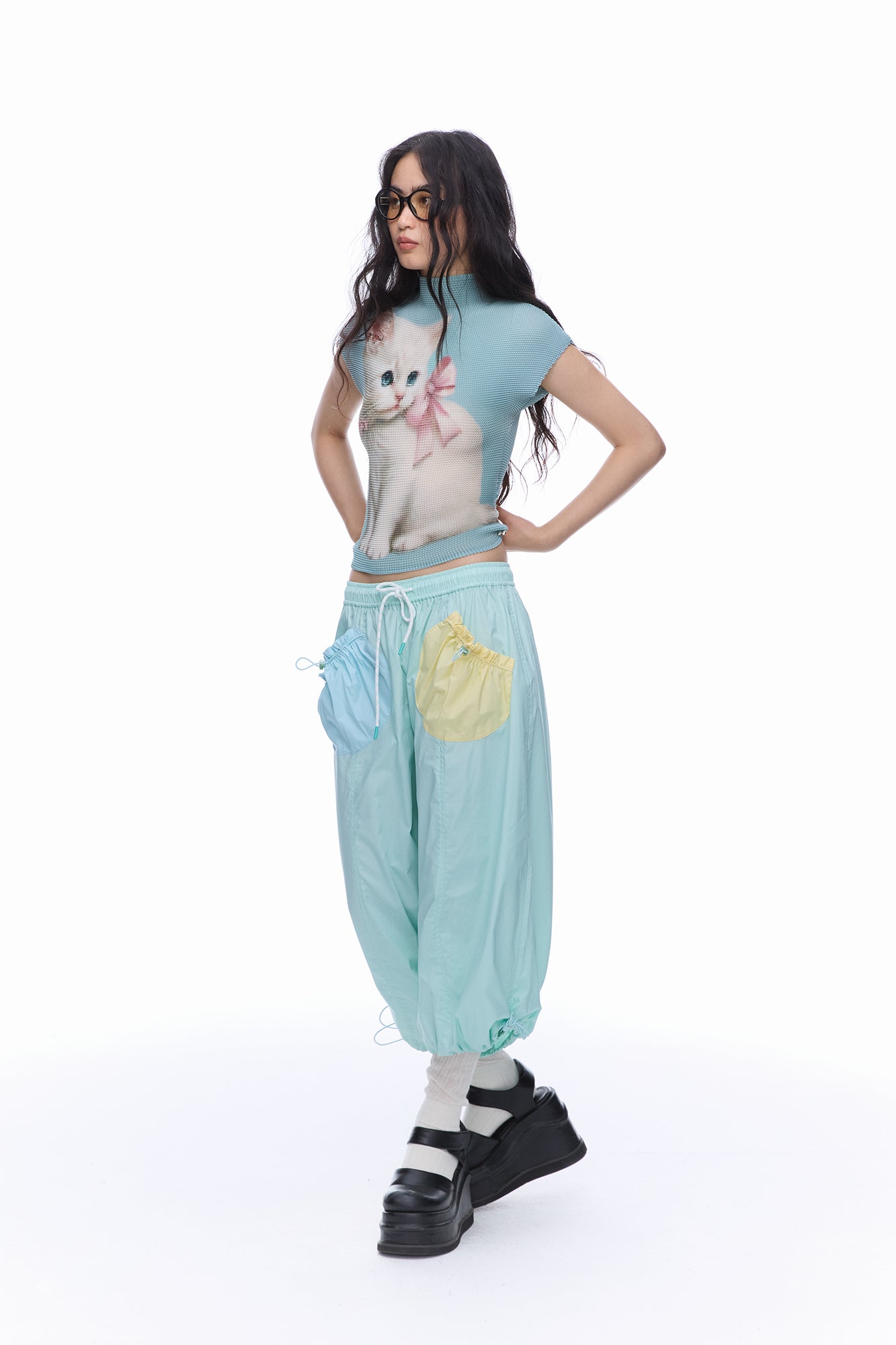 MOF Bow Kitten Graphic Pleated T-Shirt