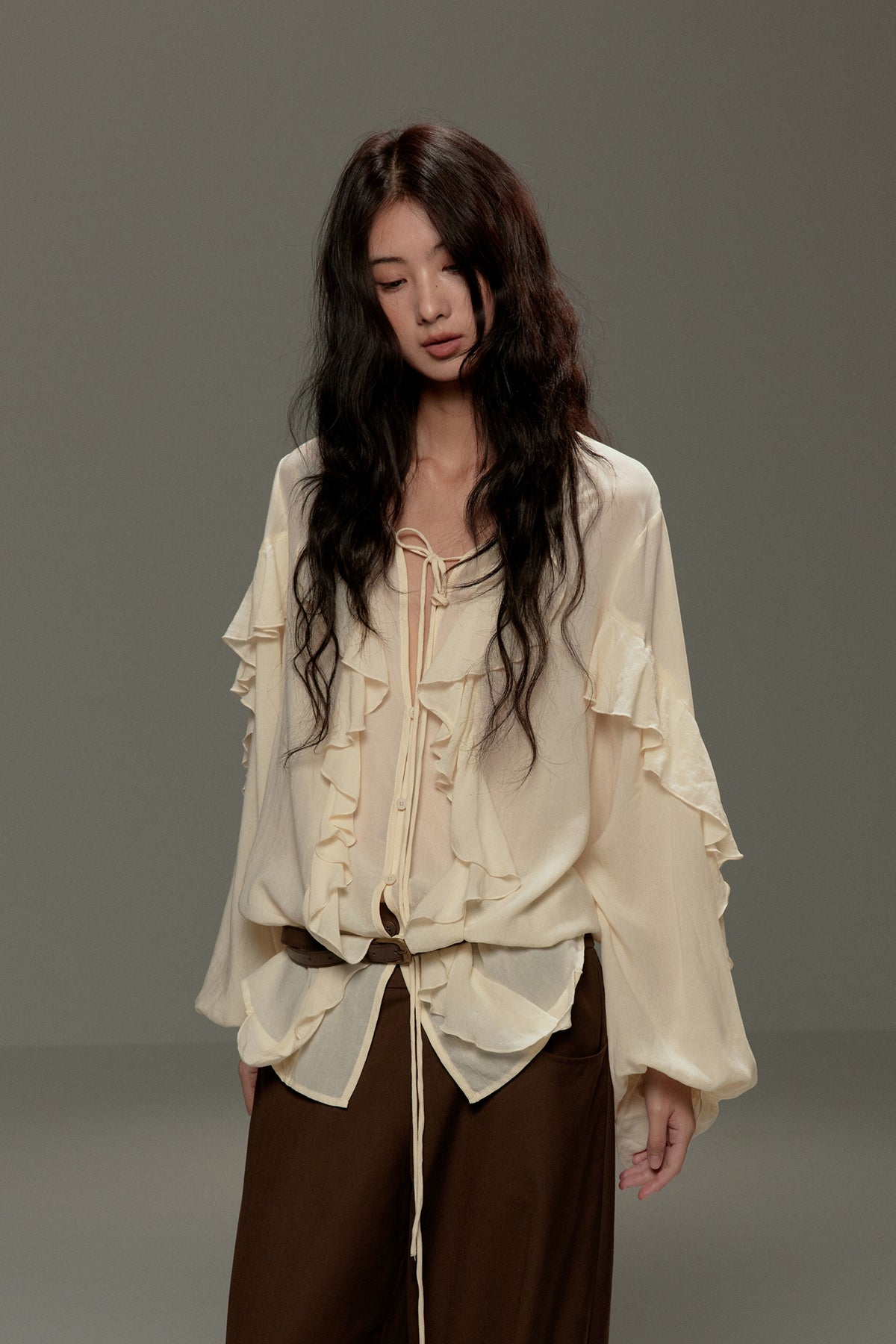 LVETONG Tencel Drawstring Ruffle-Hem Long-Sleeve Tee