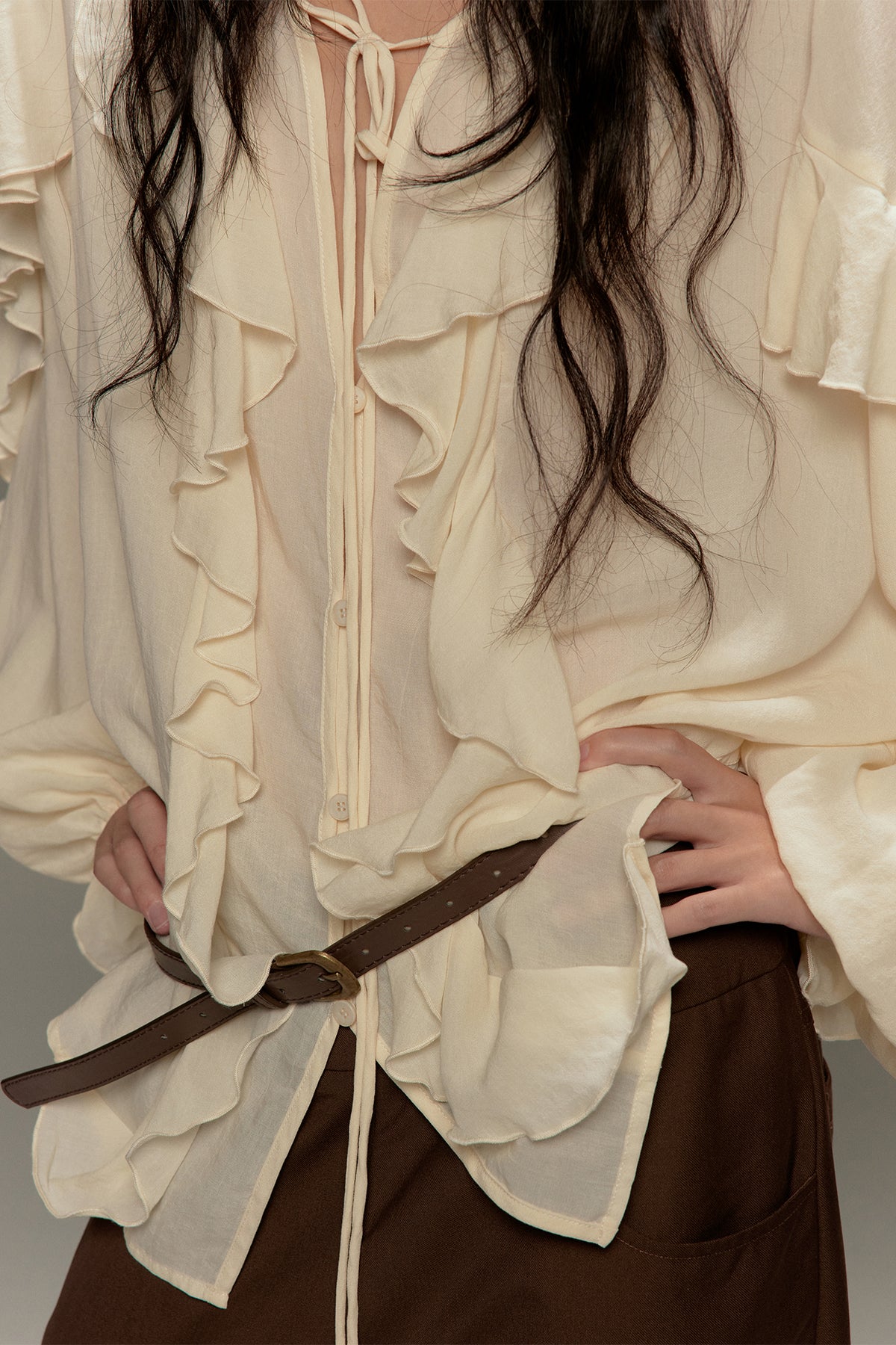 LVETONG Tencel Drawstring Ruffle-Hem Long-Sleeve Tee
