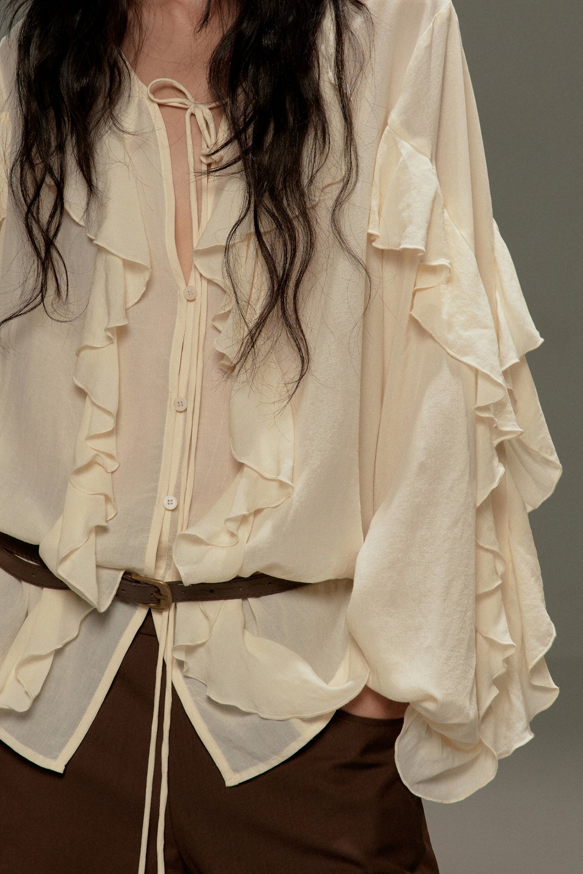 LVETONG Tencel Drawstring Ruffle-Hem Long-Sleeve Tee