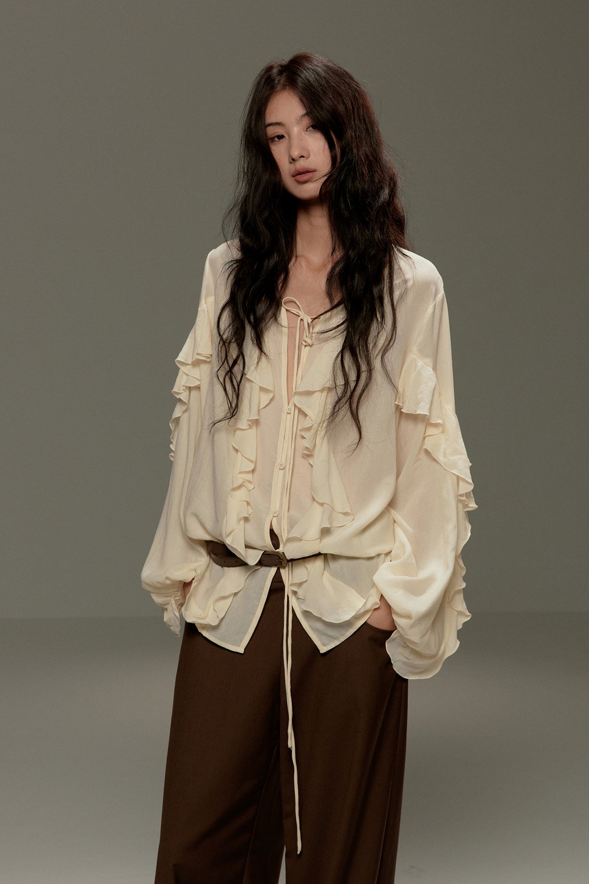 LVETONG Tencel Drawstring Ruffle-Hem Long-Sleeve Tee