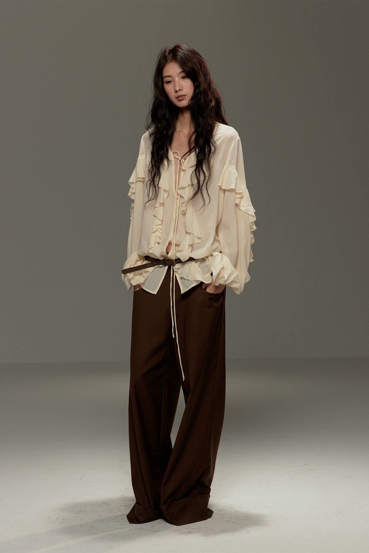 LVETONG Tencel Drawstring Ruffle-Hem Long-Sleeve Tee