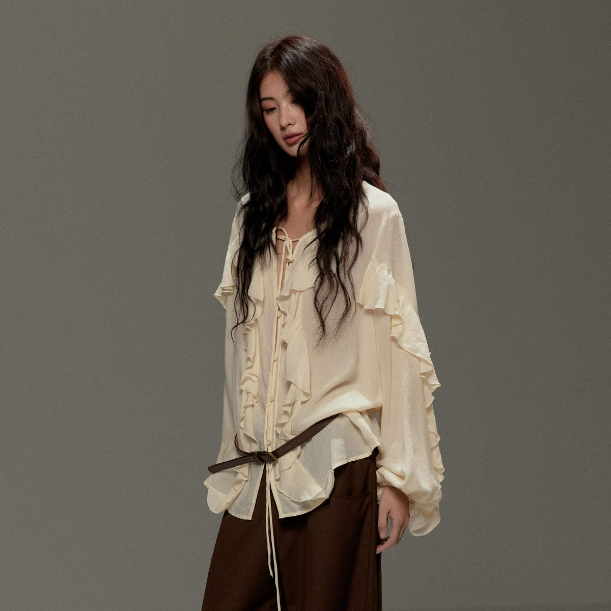 LVETONG Tencel Drawstring Ruffle-Hem Long-Sleeve Tee