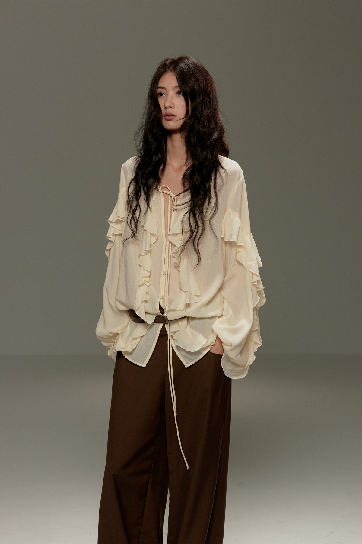 LVETONG Tencel Drawstring Ruffle-Hem Long-Sleeve Tee