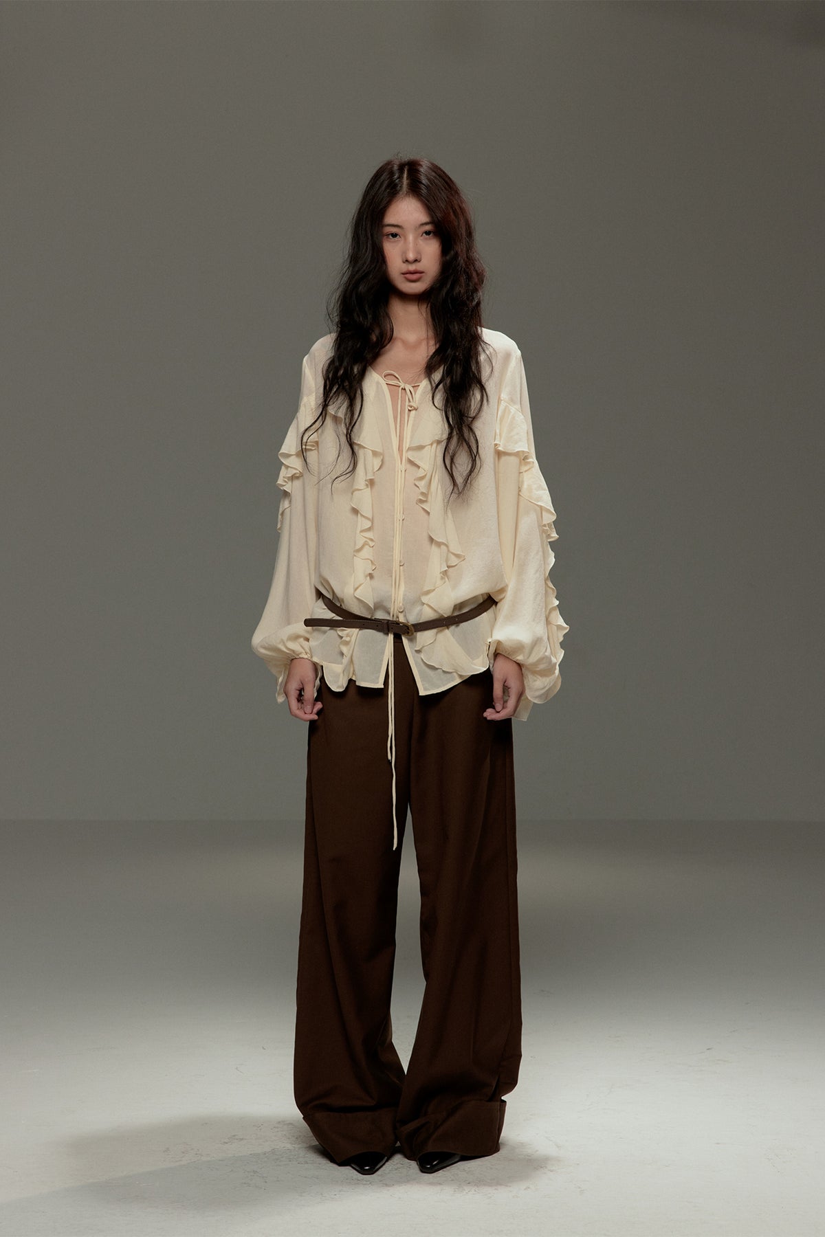LVETONG Tencel Drawstring Ruffle-Hem Long-Sleeve Tee