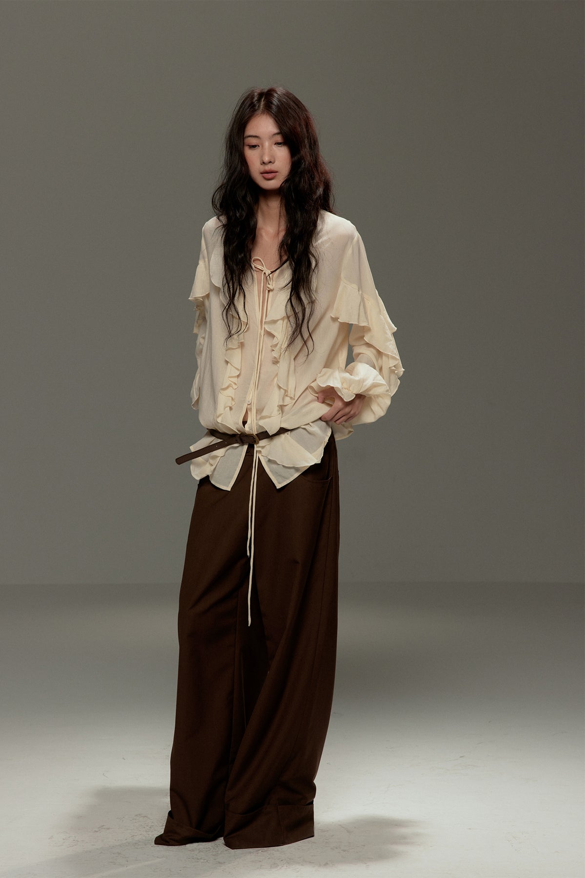 LVETONG Tencel Drawstring Ruffle-Hem Long-Sleeve Tee