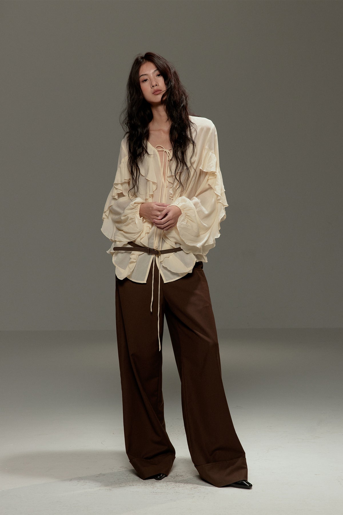 LVETONG Tencel Drawstring Ruffle-Hem Long-Sleeve Tee