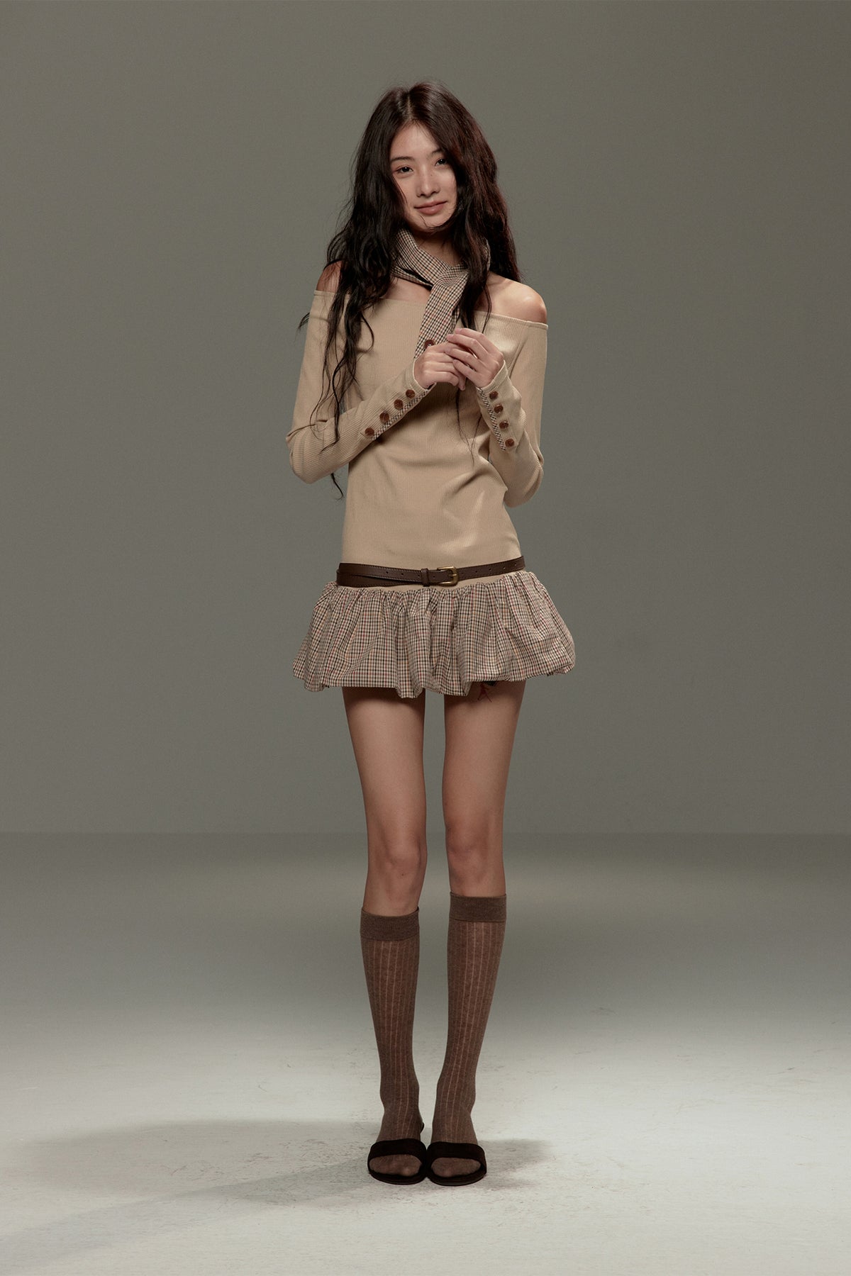 LVETONG Off-Shoulder Plaid Spliced Knit Mini Dress