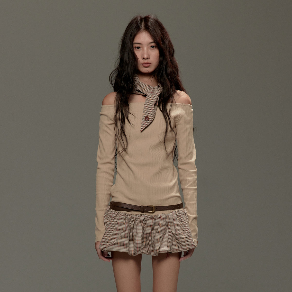 LVETONG Off-Shoulder Plaid Spliced Knit Mini Dress