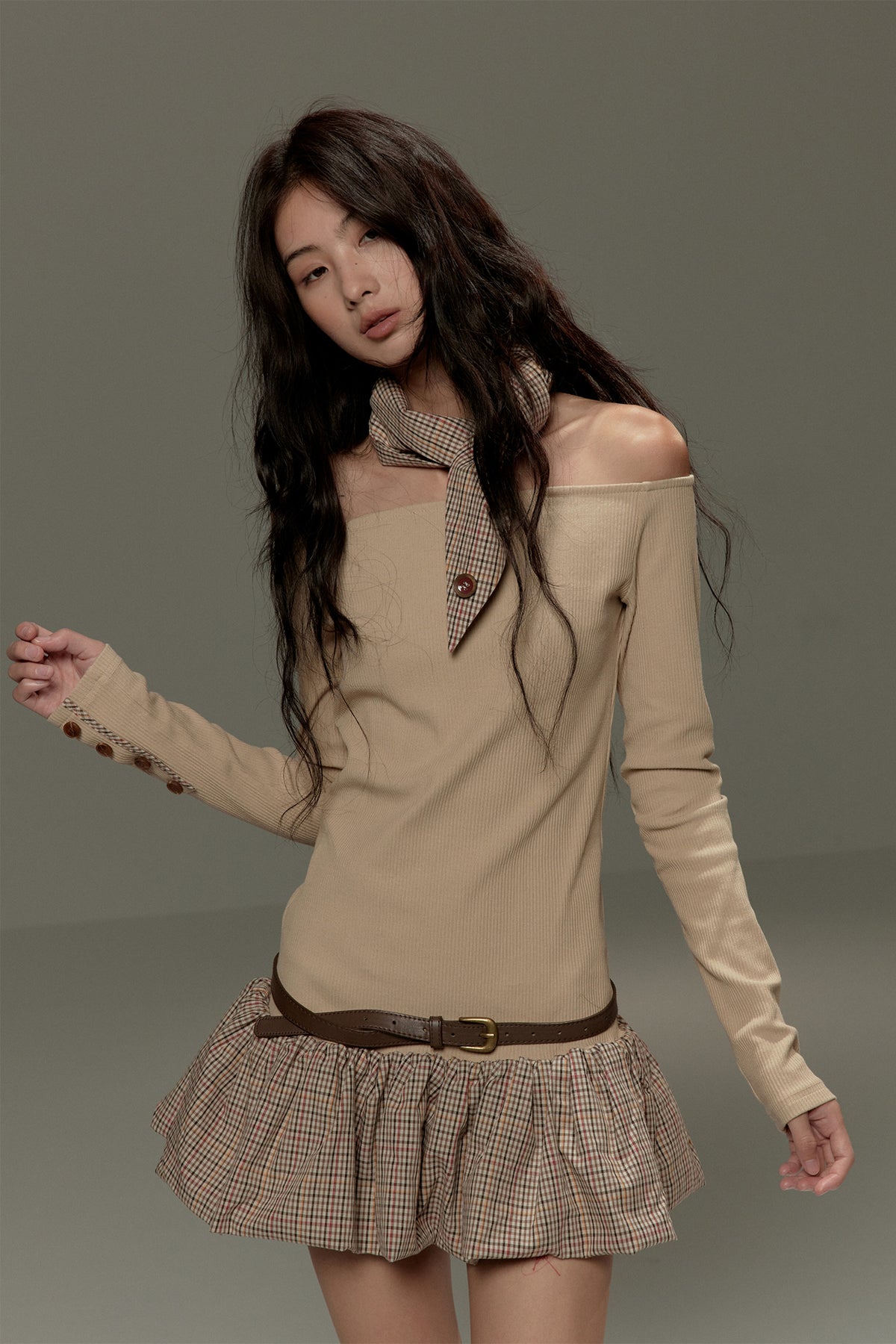 LVETONG Off-Shoulder Plaid Spliced Knit Mini Dress