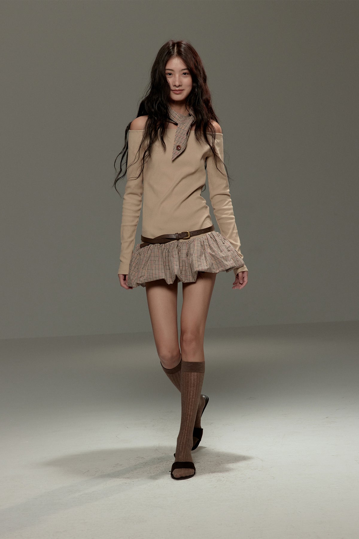 LVETONG Off-Shoulder Plaid Spliced Knit Mini Dress
