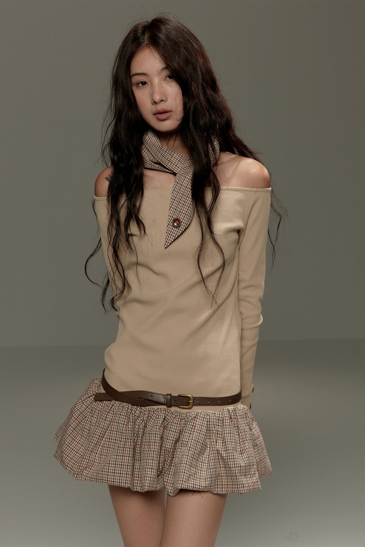 LVETONG Off-Shoulder Plaid Spliced Knit Mini Dress