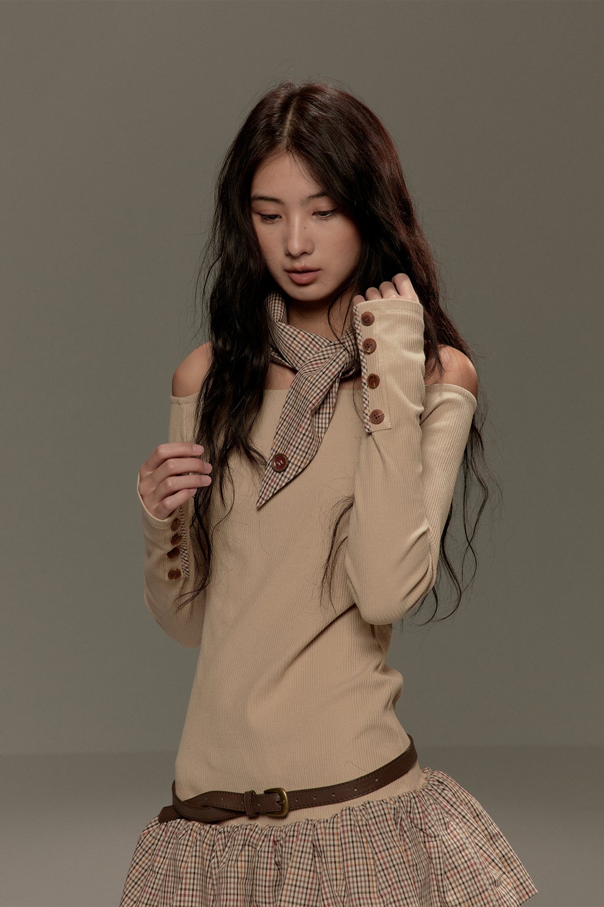 LVETONG Off-Shoulder Plaid Spliced Knit Mini Dress