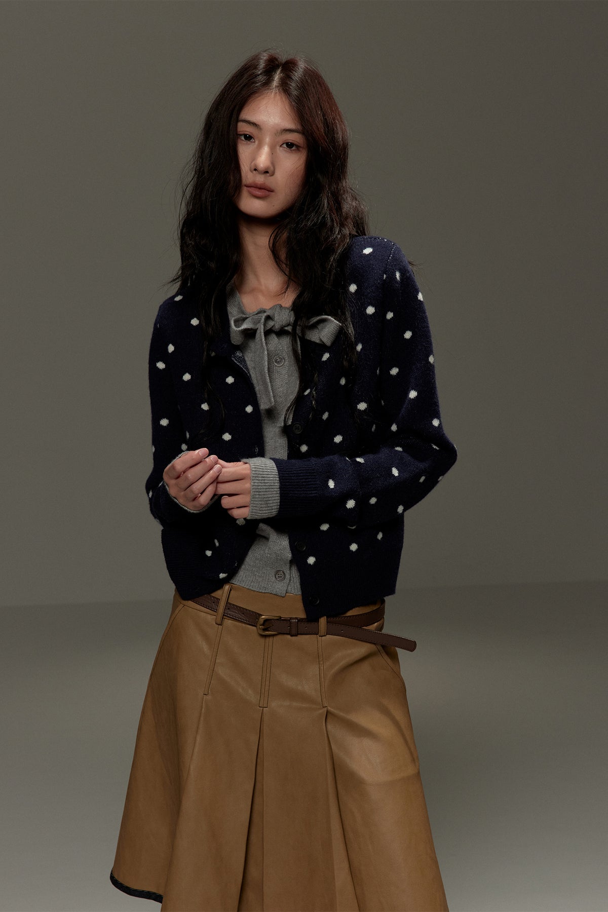 LVETONG Polka Dot Bow-Tie Layered Cardigan