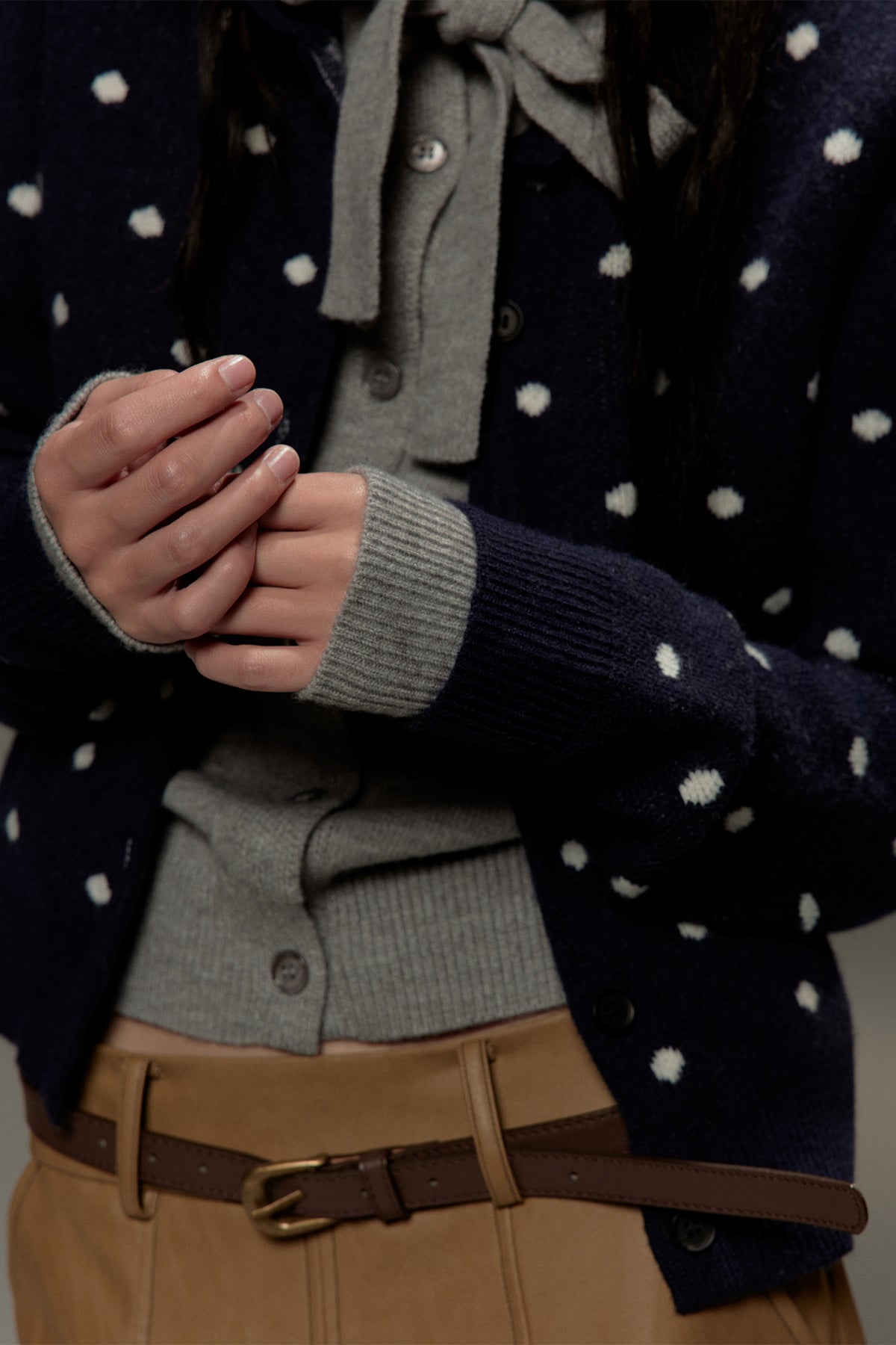 LVETONG Polka Dot Bow-Tie Layered Cardigan
