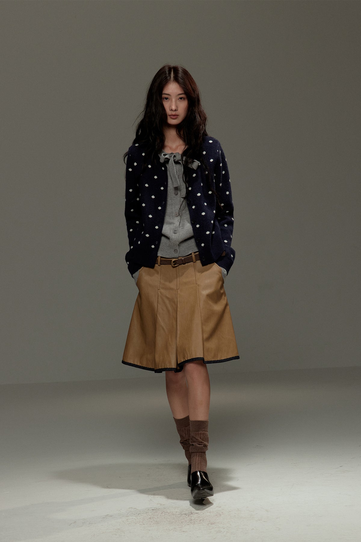 LVETONG Polka Dot Bow-Tie Layered Cardigan