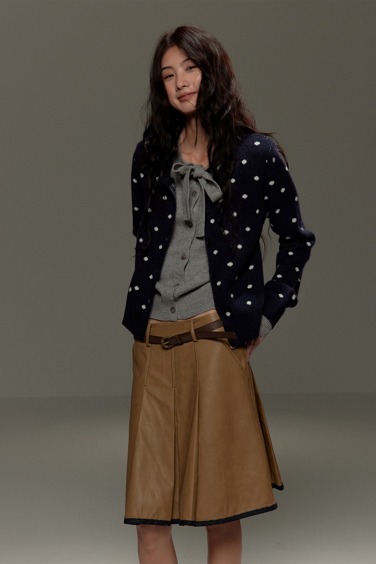 LVETONG Polka Dot Bow-Tie Layered Cardigan