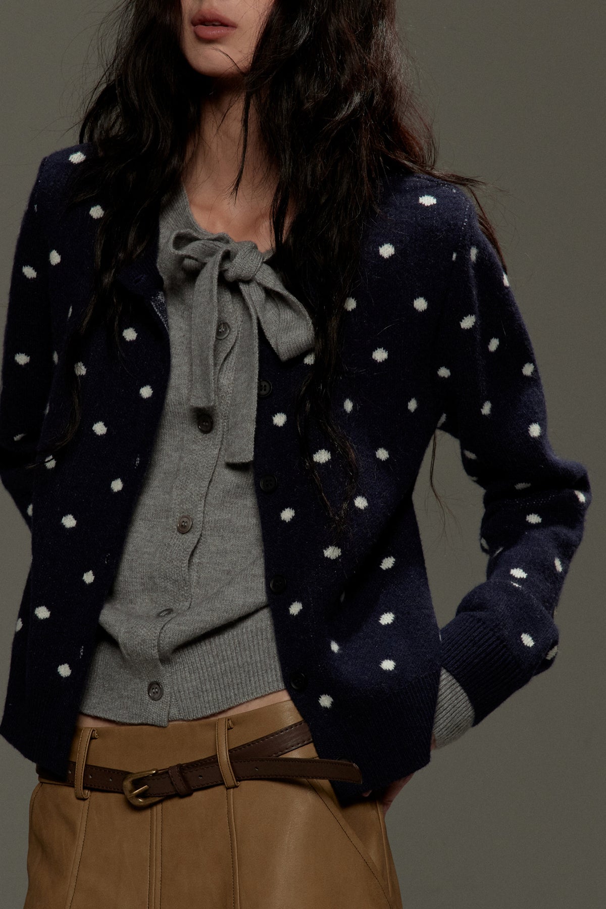 LVETONG Polka Dot Bow-Tie Layered Cardigan