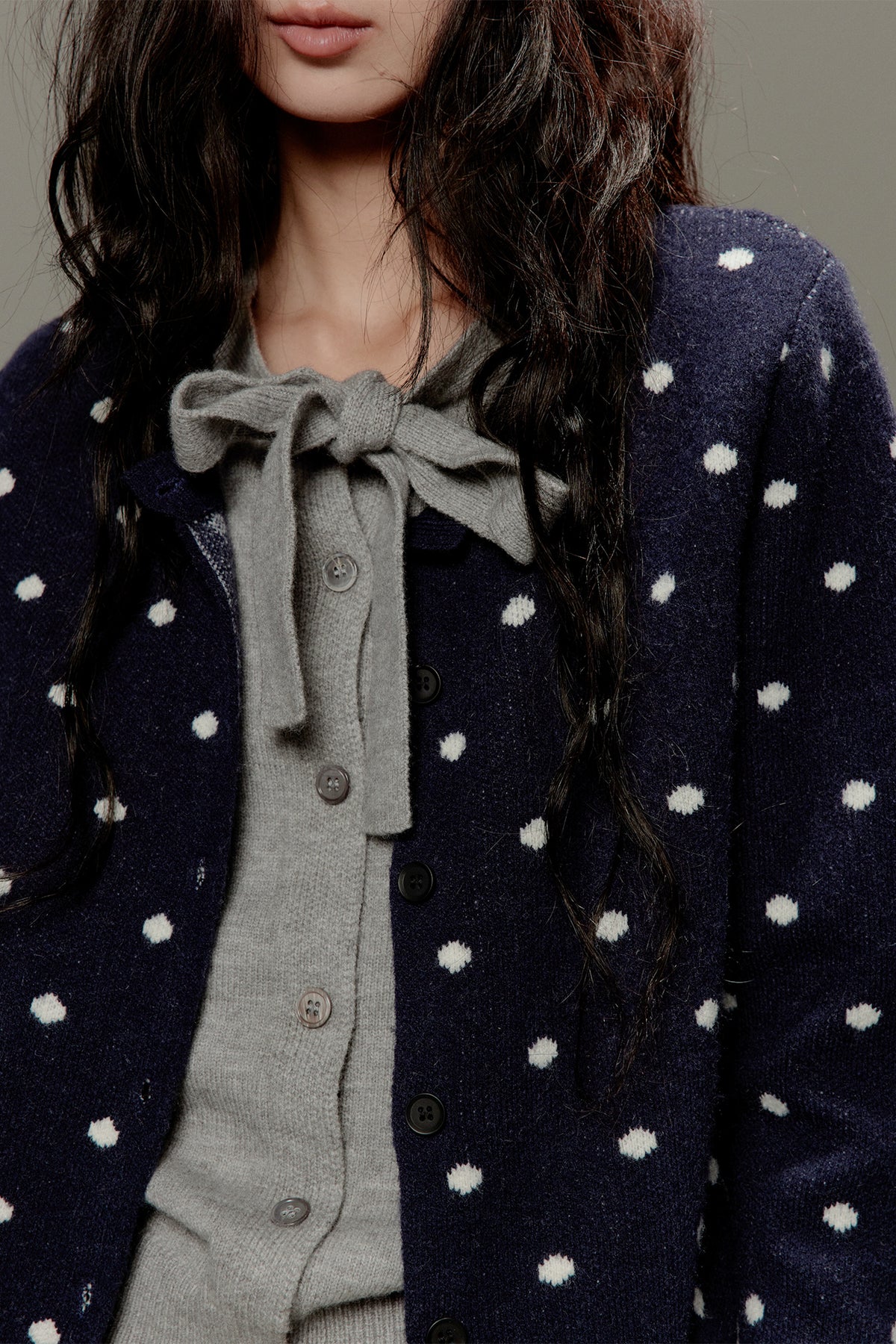 LVETONG Polka Dot Bow-Tie Layered Cardigan