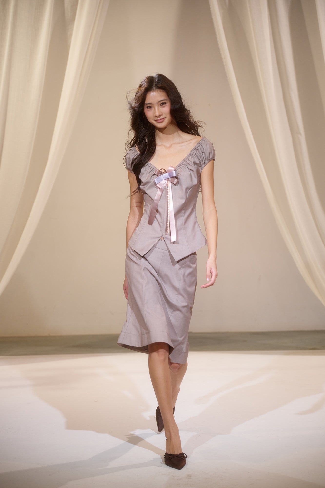 IVETONG Bow Tie Off-Shoulder Top & Flared Skirt Set